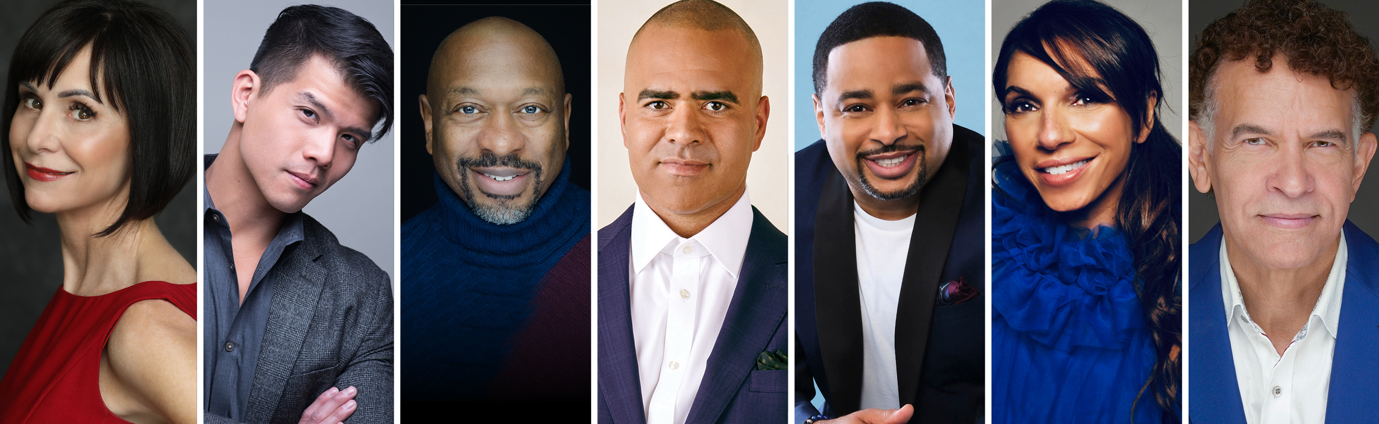 Side-by-side headshots of season guest artists Susan Egan, Telly Leung, Alton Fitzgerald White, Christopher Jackson, Smokie Norful, Lara Downes, and Brian Stokes Mitchell
