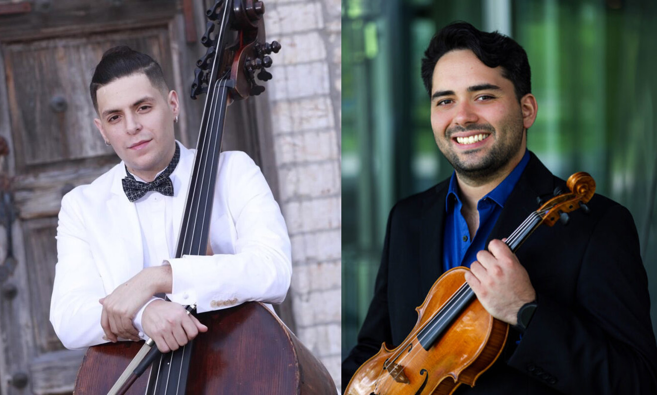 Side-by-side pictures of a young man wearing a white suit and with his arms around a double bass beside a picture of a smiling young man wearing a black suit and holding a violin