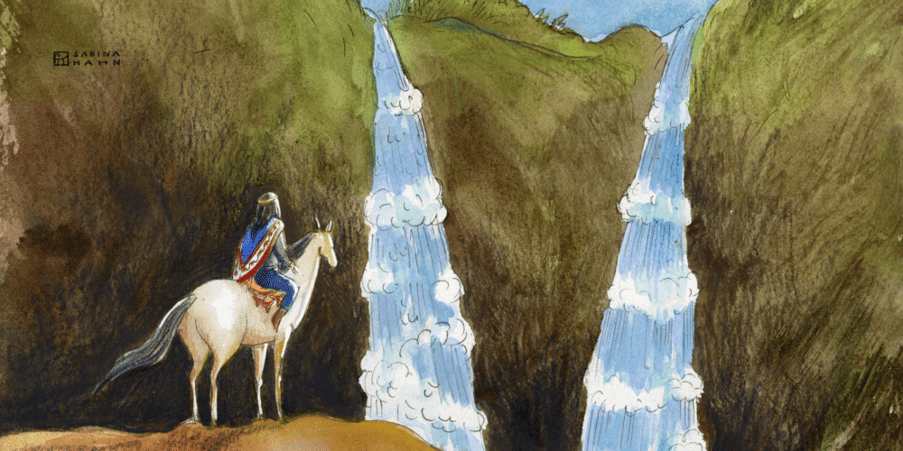A person on a horse looking at two waterfalls