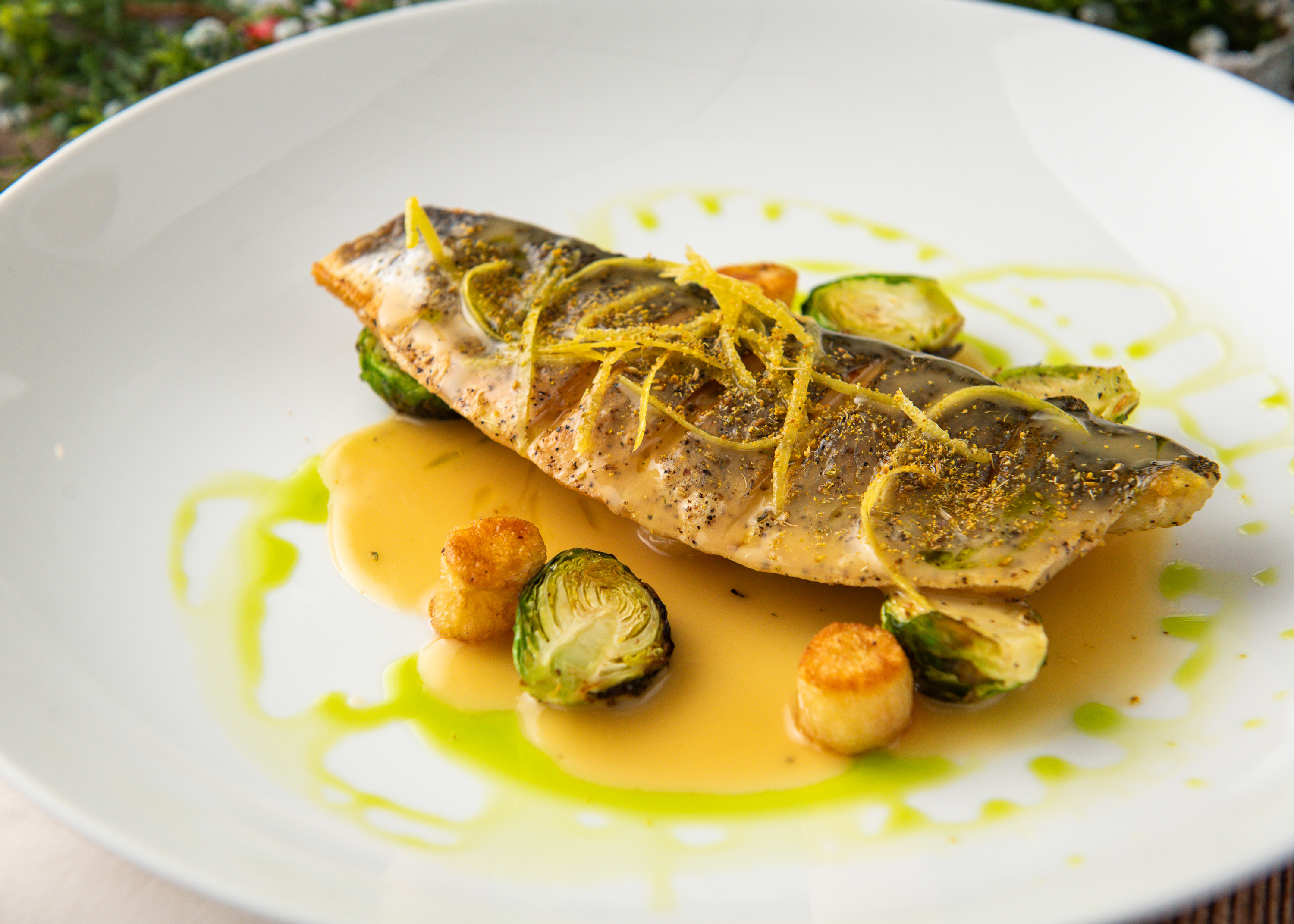 Seared Branzino, Roasted Brussel Sprout, Seared Potatoes, With Lemon Beurre Blanc, & Fennel Pollen
