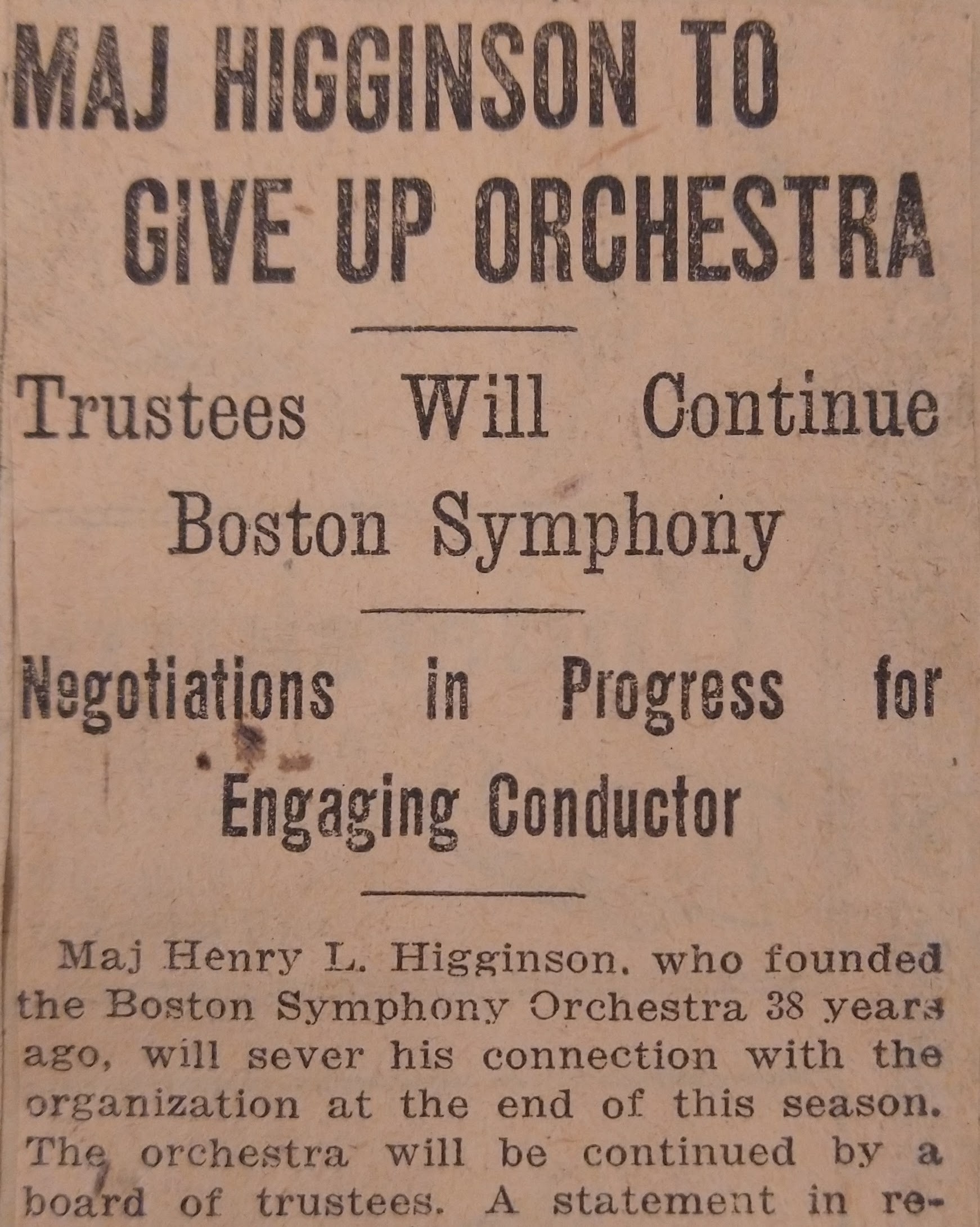 Boston Globe article headline regarding the resignation of BSO founder Henry Lee Higginson and formation of the Board of Trustees
