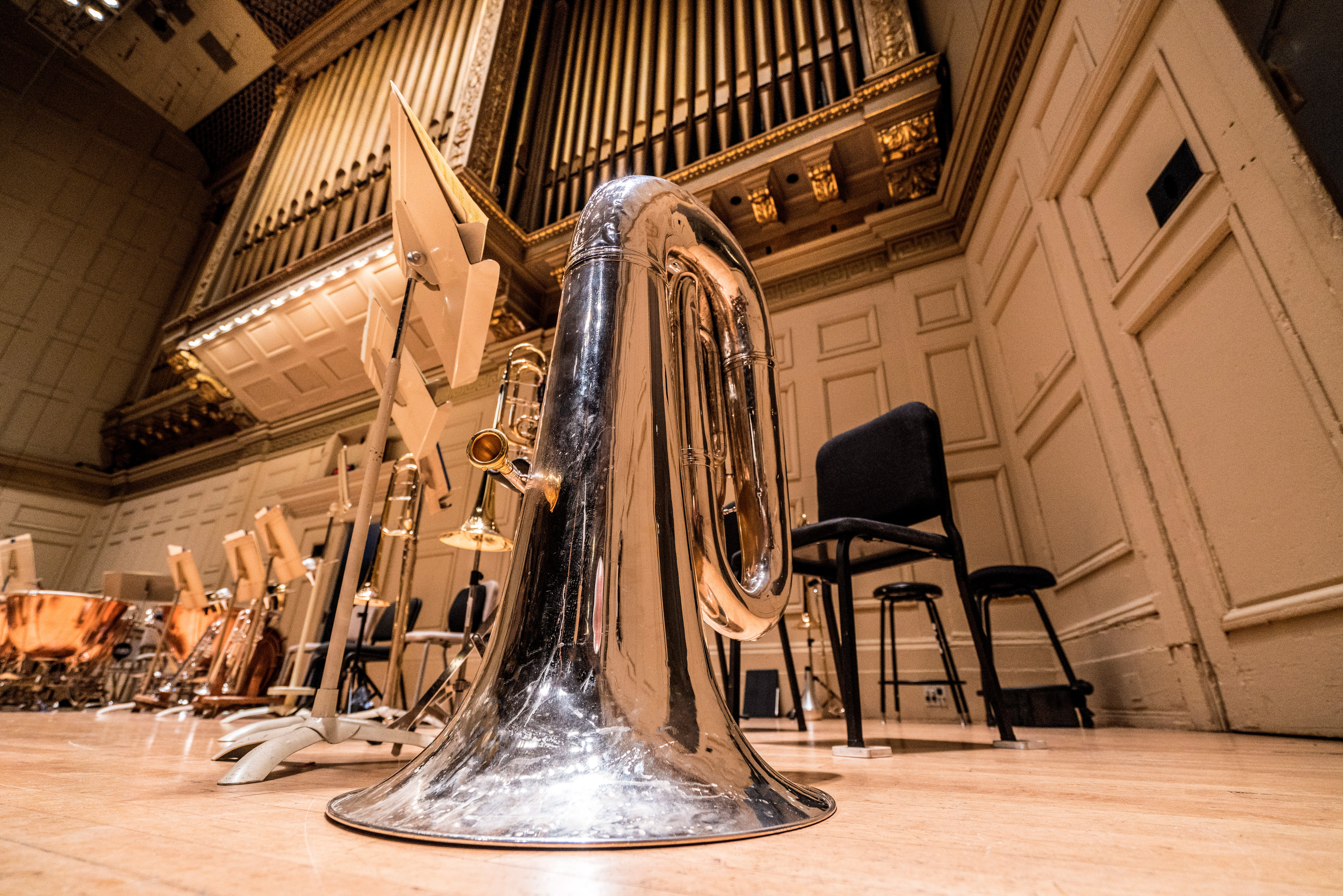 A tuba on the Symphony Hall stage