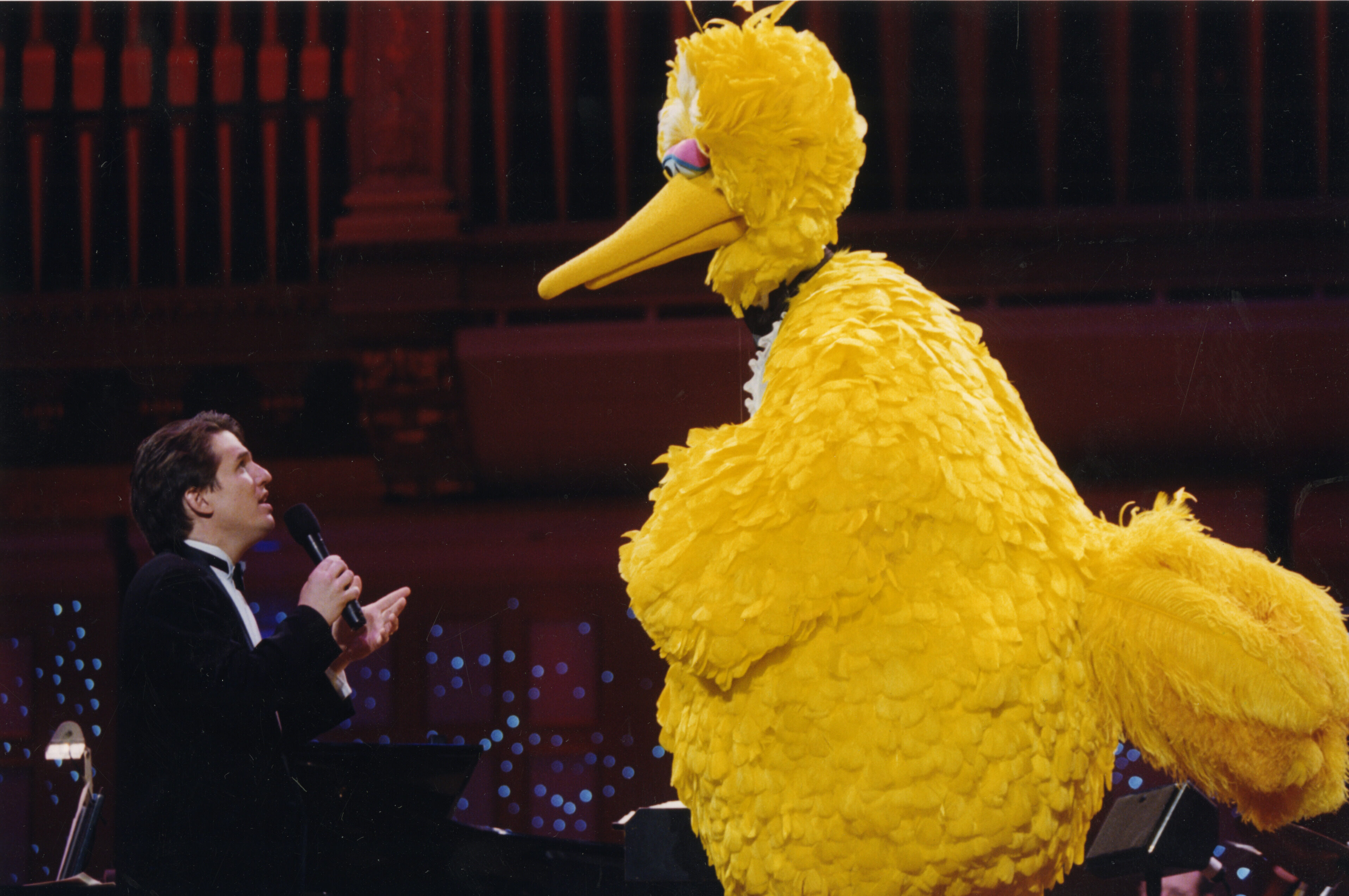 Keith Lockhart holds a microphone and looks upwards at a very tall yellow Big Bird character from Sesame Street
