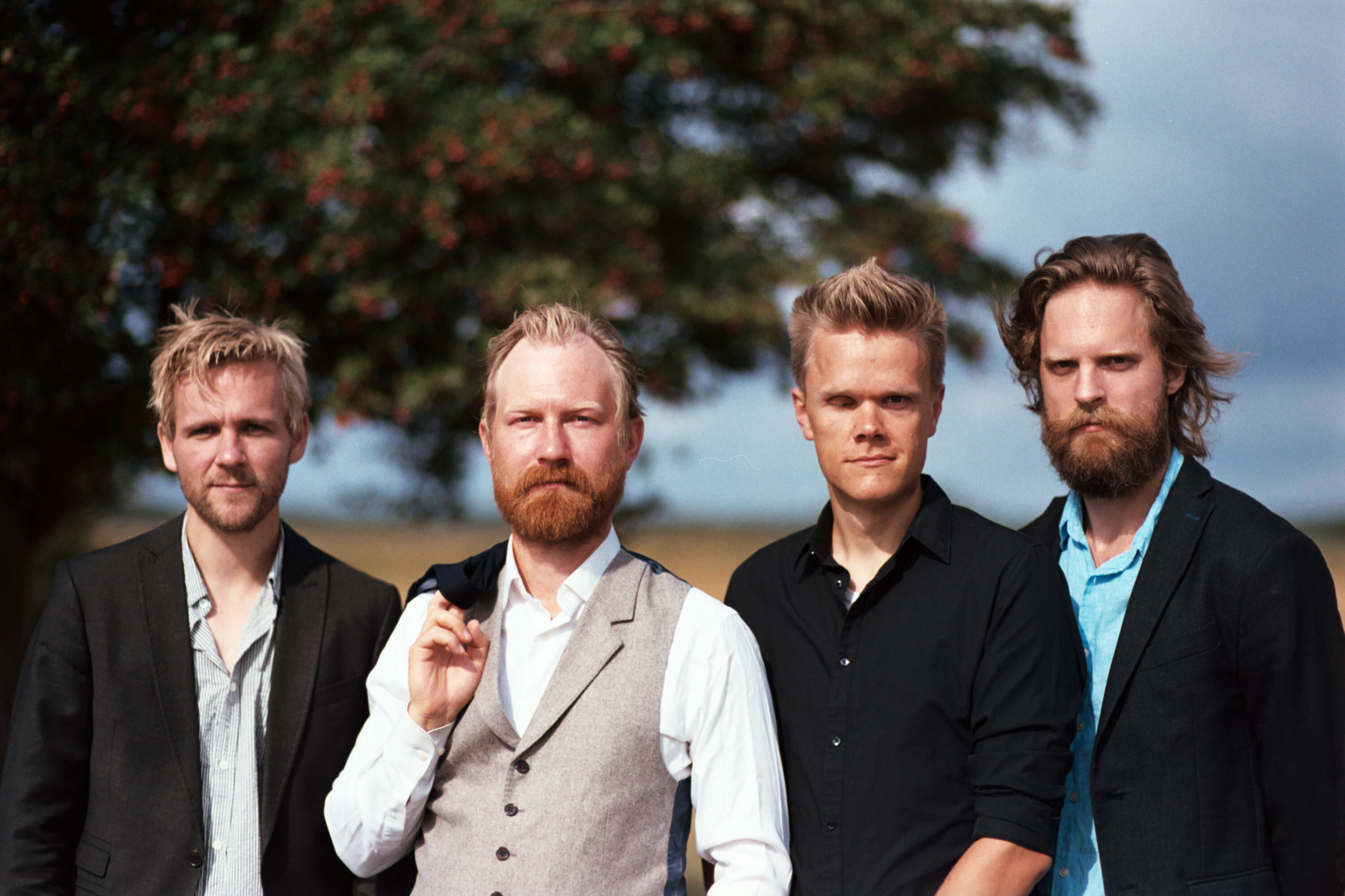 4 Danish men standing outside in front of a large tree