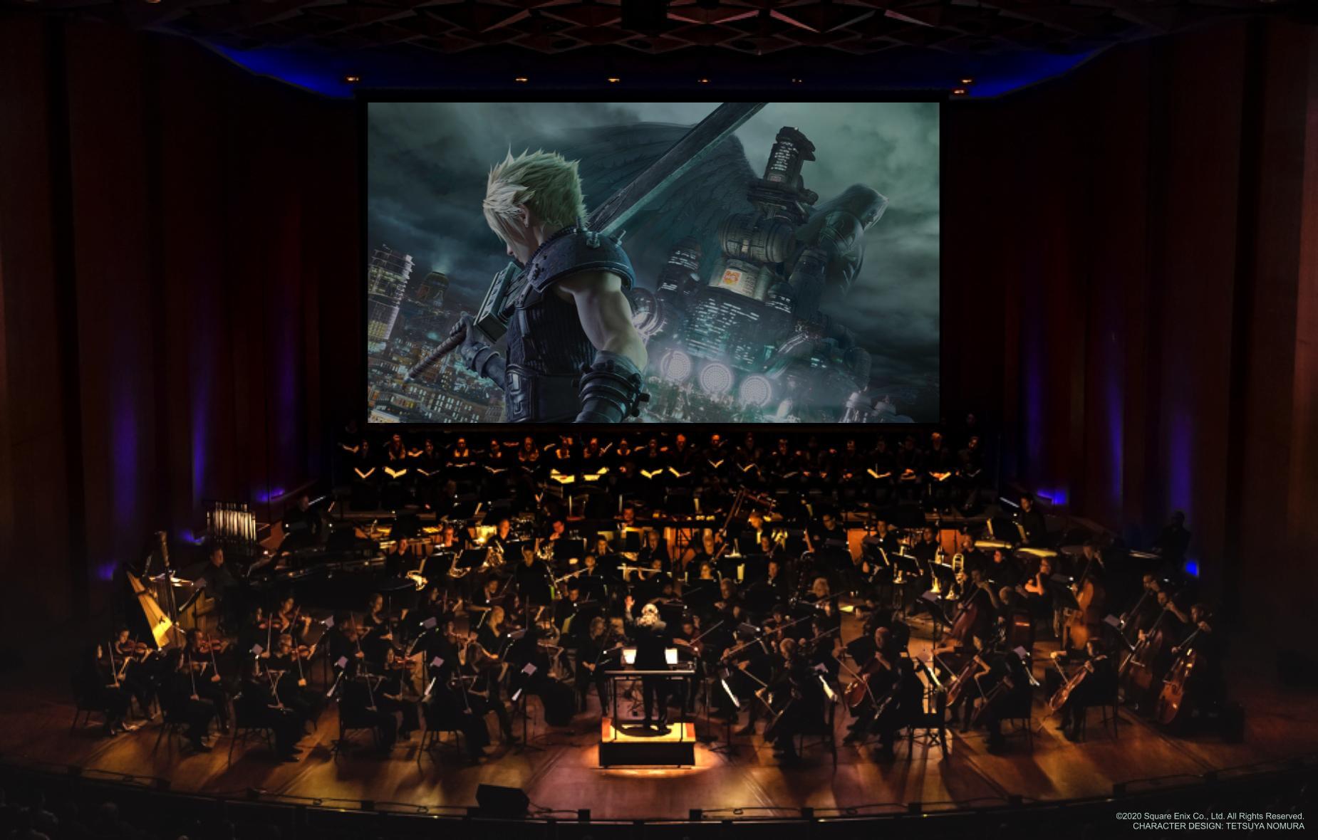 photo of a performance of Final Fantasy with live orchestra in the foreground and movie screen projecting Final Fantasy on the wall behind them