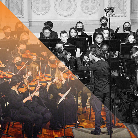 The Boston Conservatory Orchestra performing at Symphony Hall in Boston, half in color, half in black and white