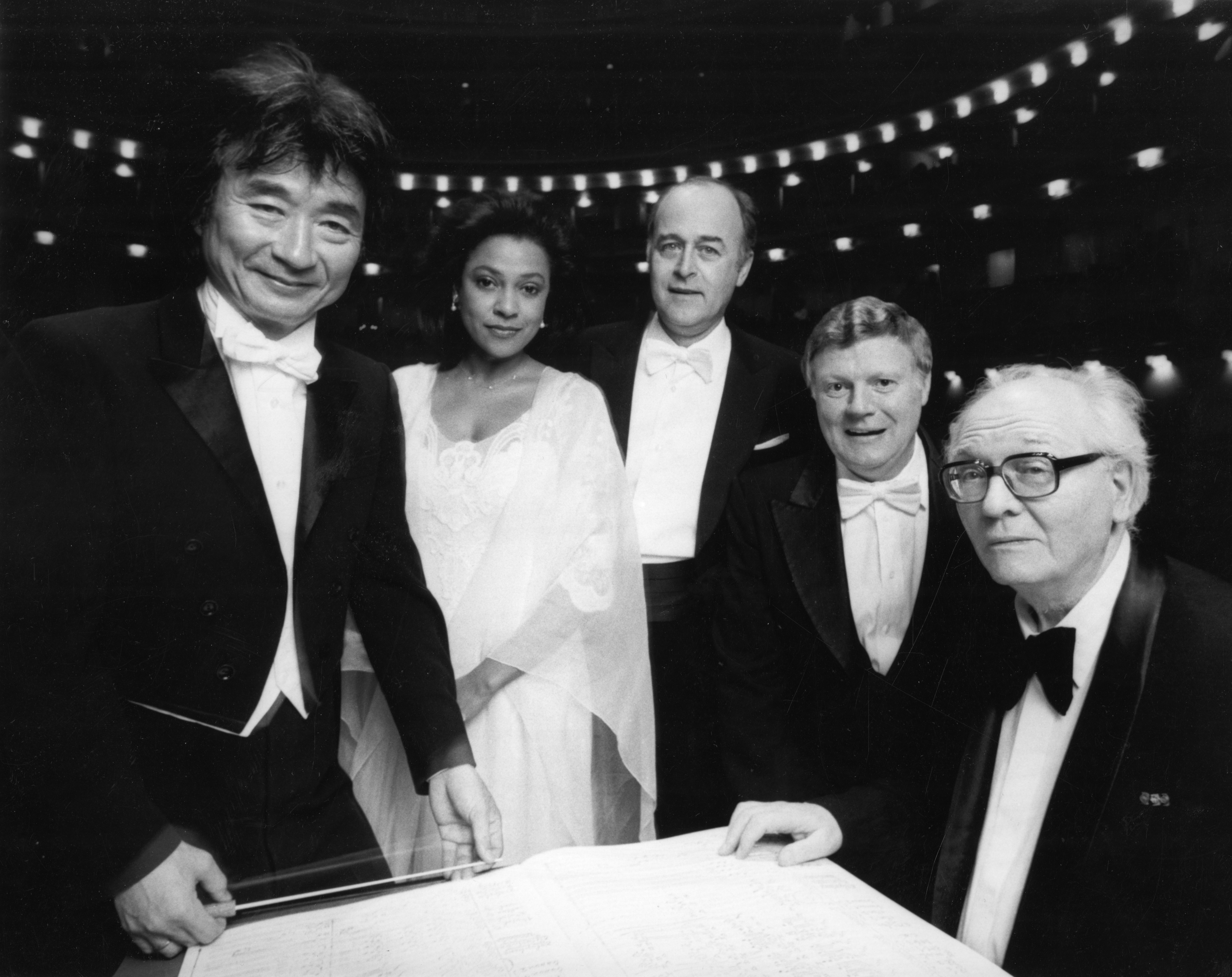 Seiji Ozawa, Kathleen Battle, José van Dam, Kenneth Riegel, and Olivier Messiaen, April 1986
