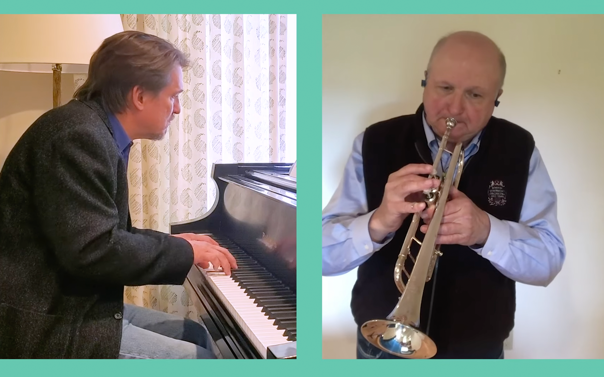 A screenshot of a virtual performance, showing Keith Lockhart in one frame, playing piano, and Thomas Rolfs in another frame, playing trumpet