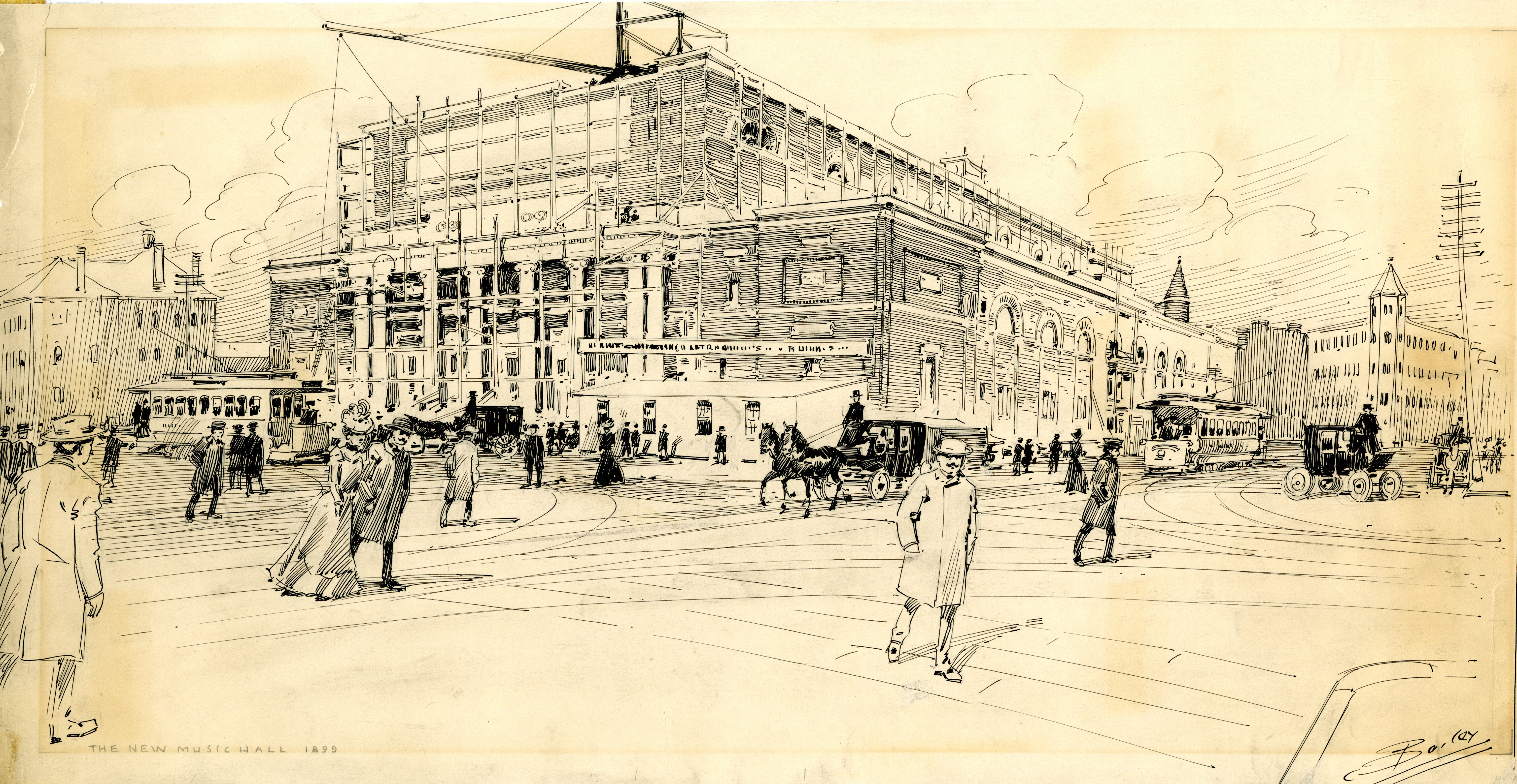 Sketch of Symphony Hall under construction, 1899