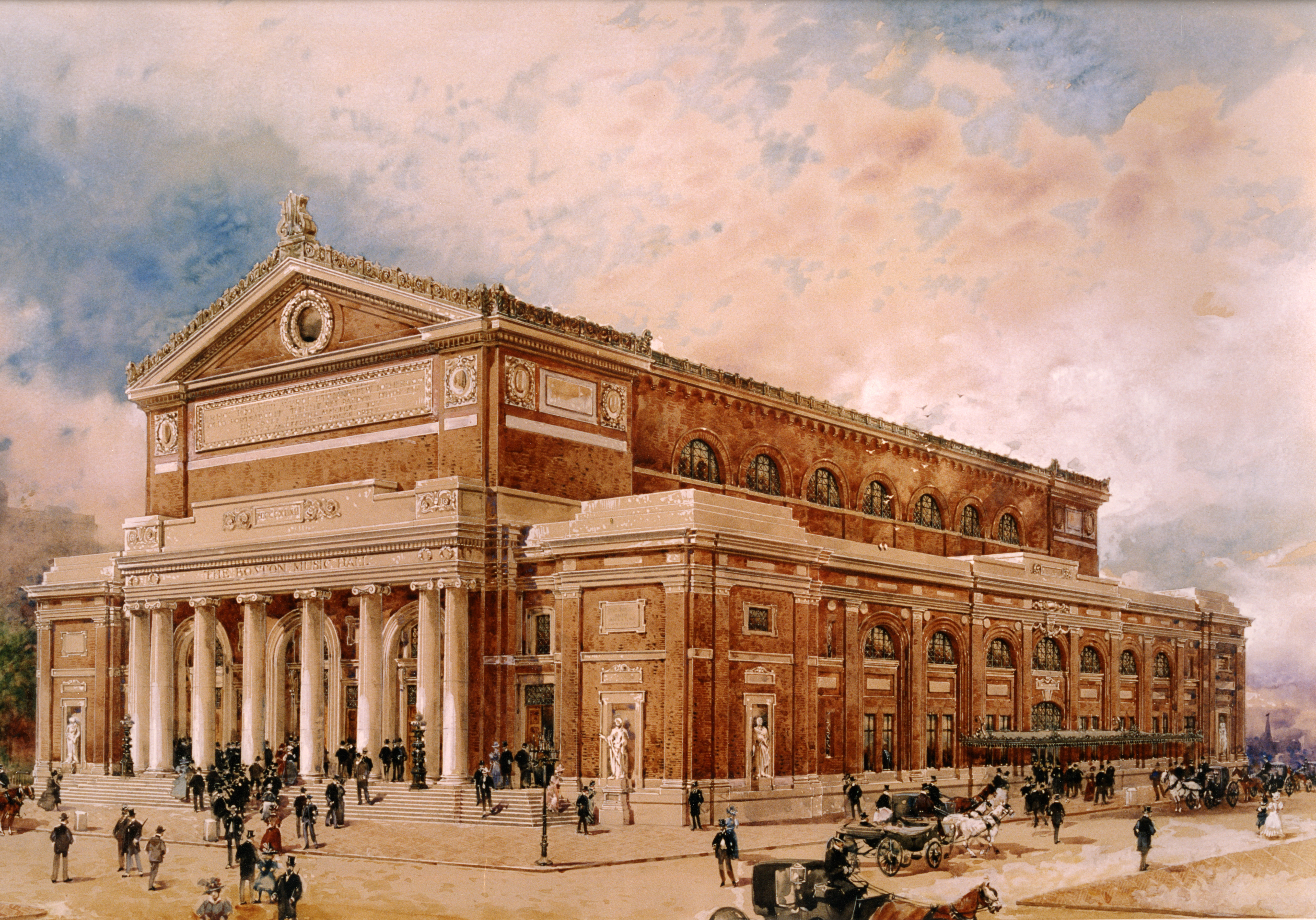 Color photographic reproduction of an architectural rendering of the exterior of Symphony Hall building, corner of Massachusetts Avenue and Huntington Avenue ascribed to Theodore Langerfeldt, 1899