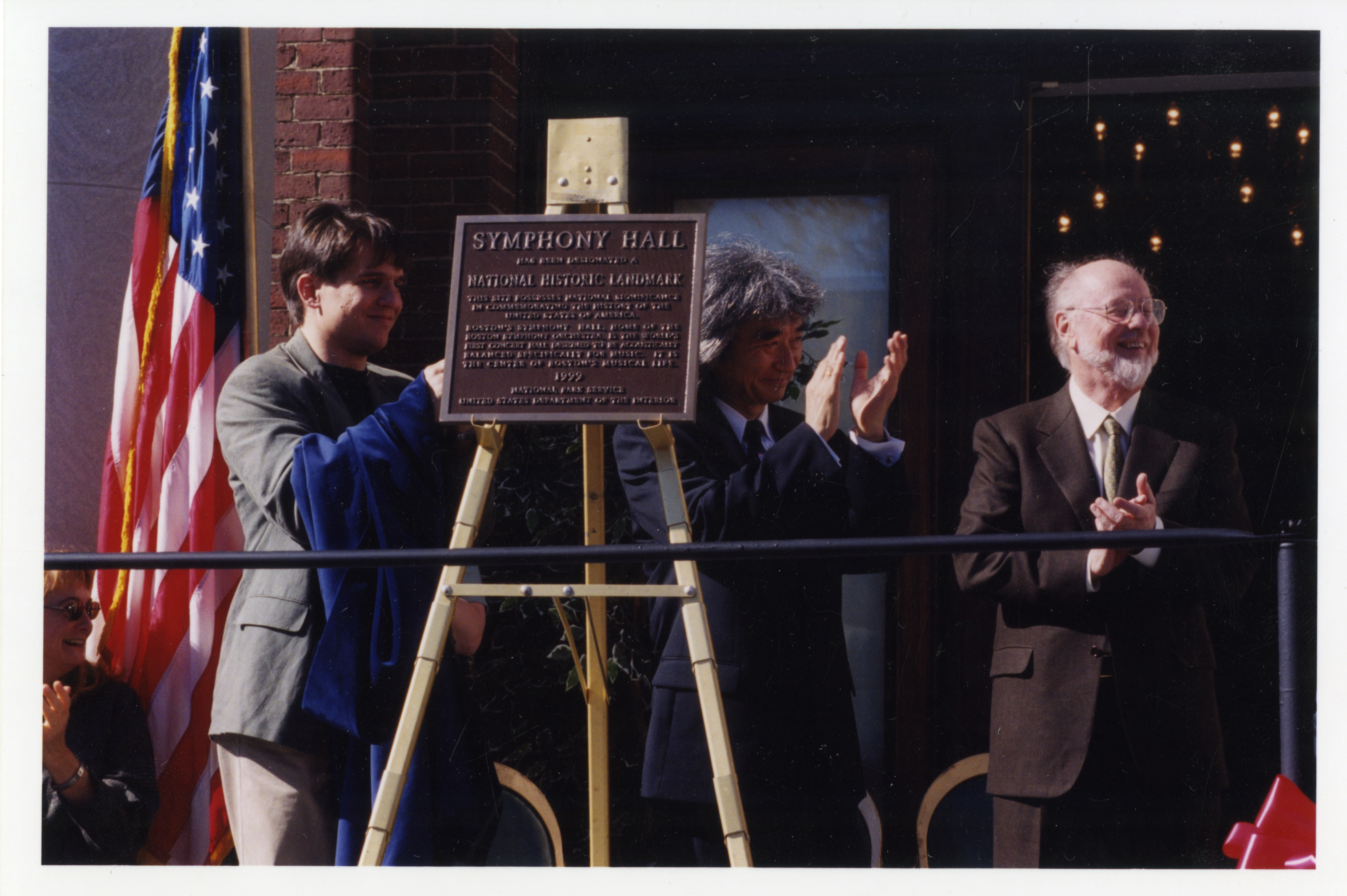 The National Historic Landmark plaque on display at a Symphony Hall rededication event in October 2000.