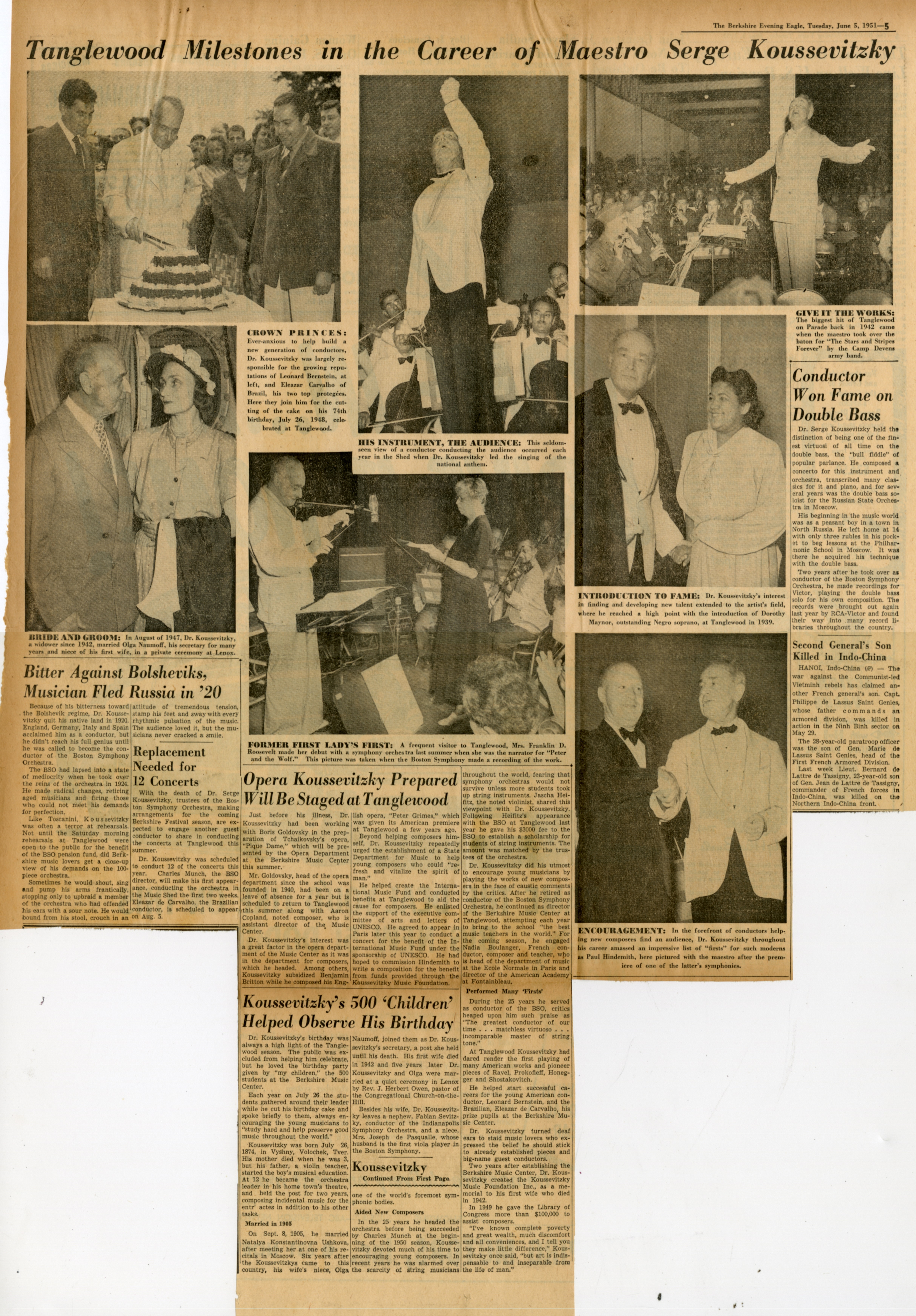 Newspaper article caption Tanglewood Milestones in the Career of Maestro Serge Koussevitzky