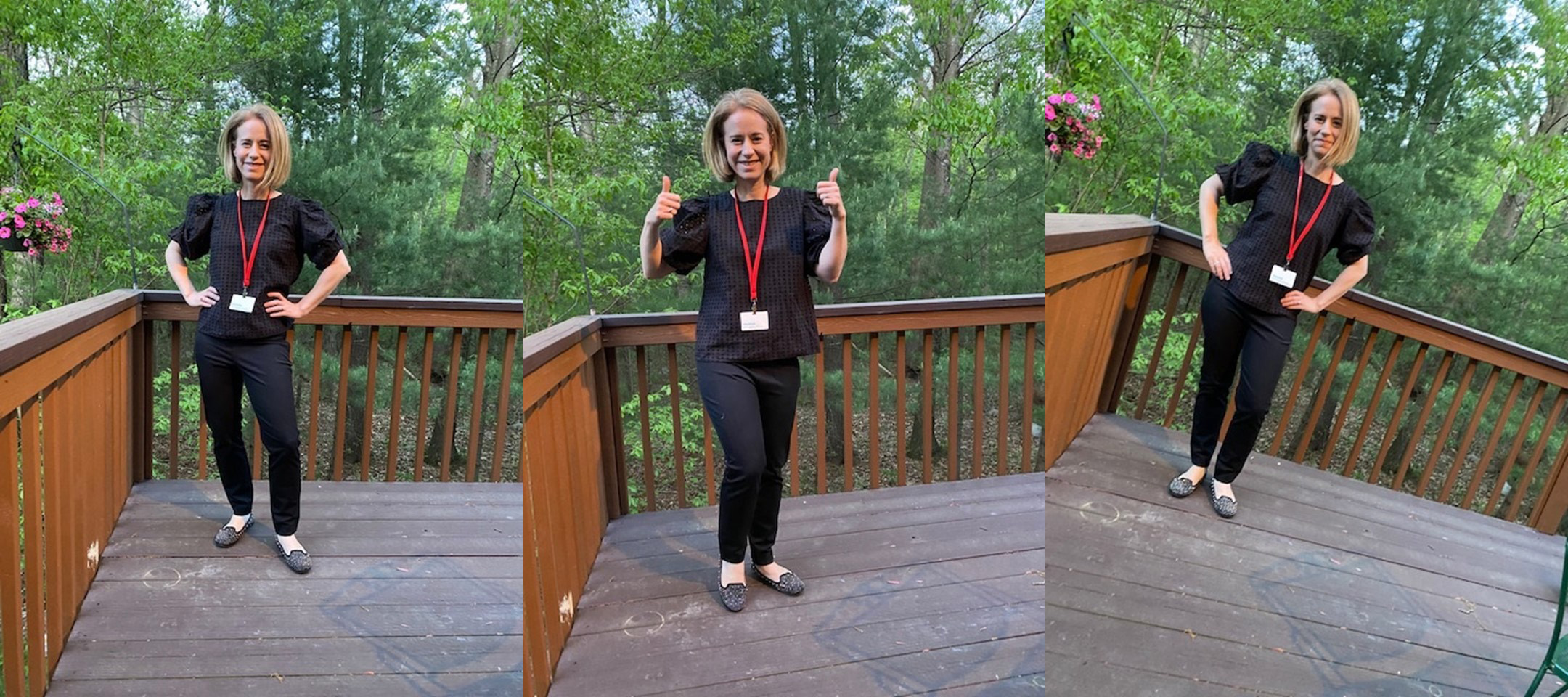 Three images of the same woman with blonde hair standing on a porch in front of trees, wearing matching black pants and a shirt with a red lanyard