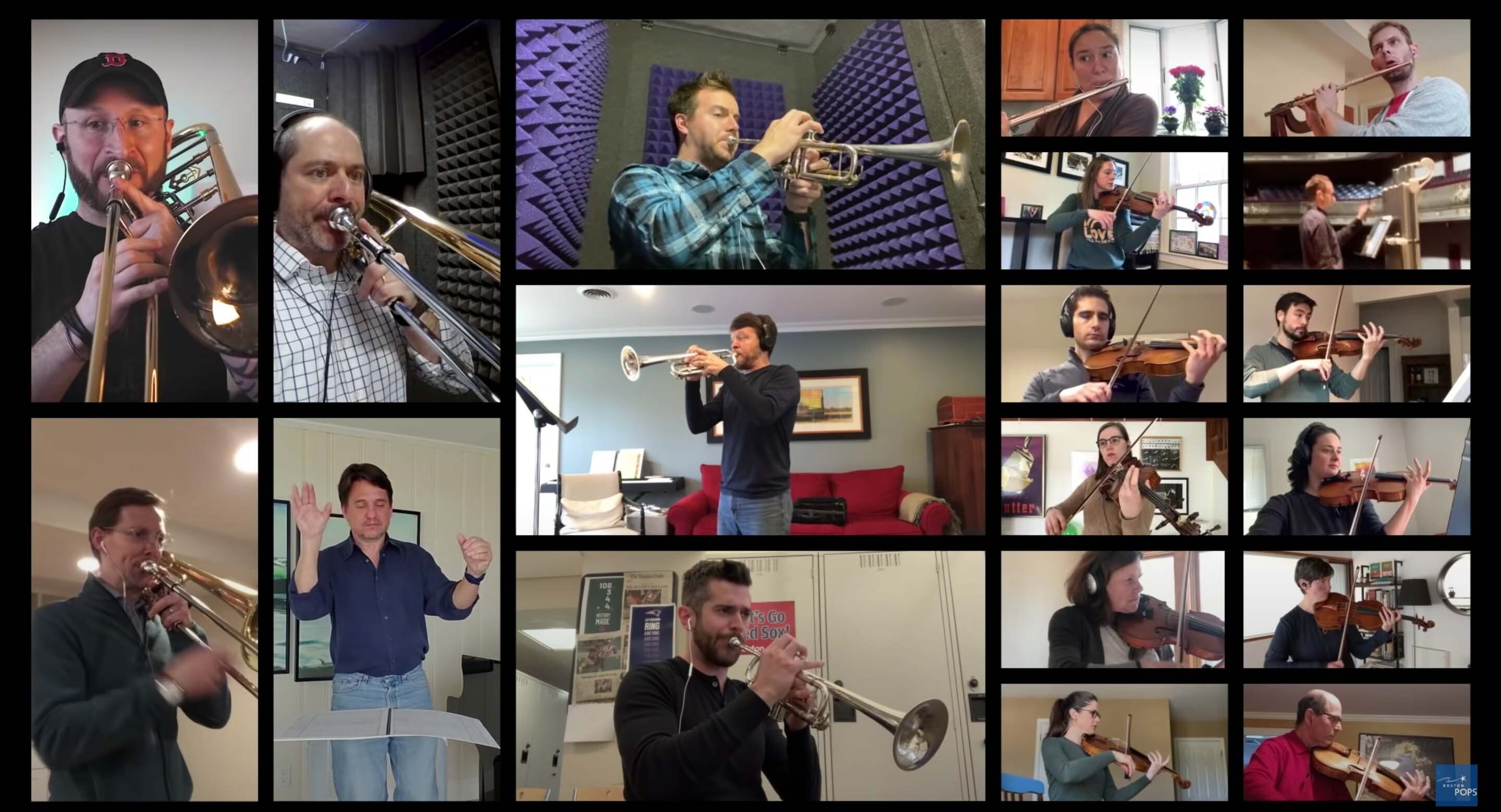 A screenshot of Boston Pops musicians organized in a grid, each recording "Summon the Heroes" from their homes