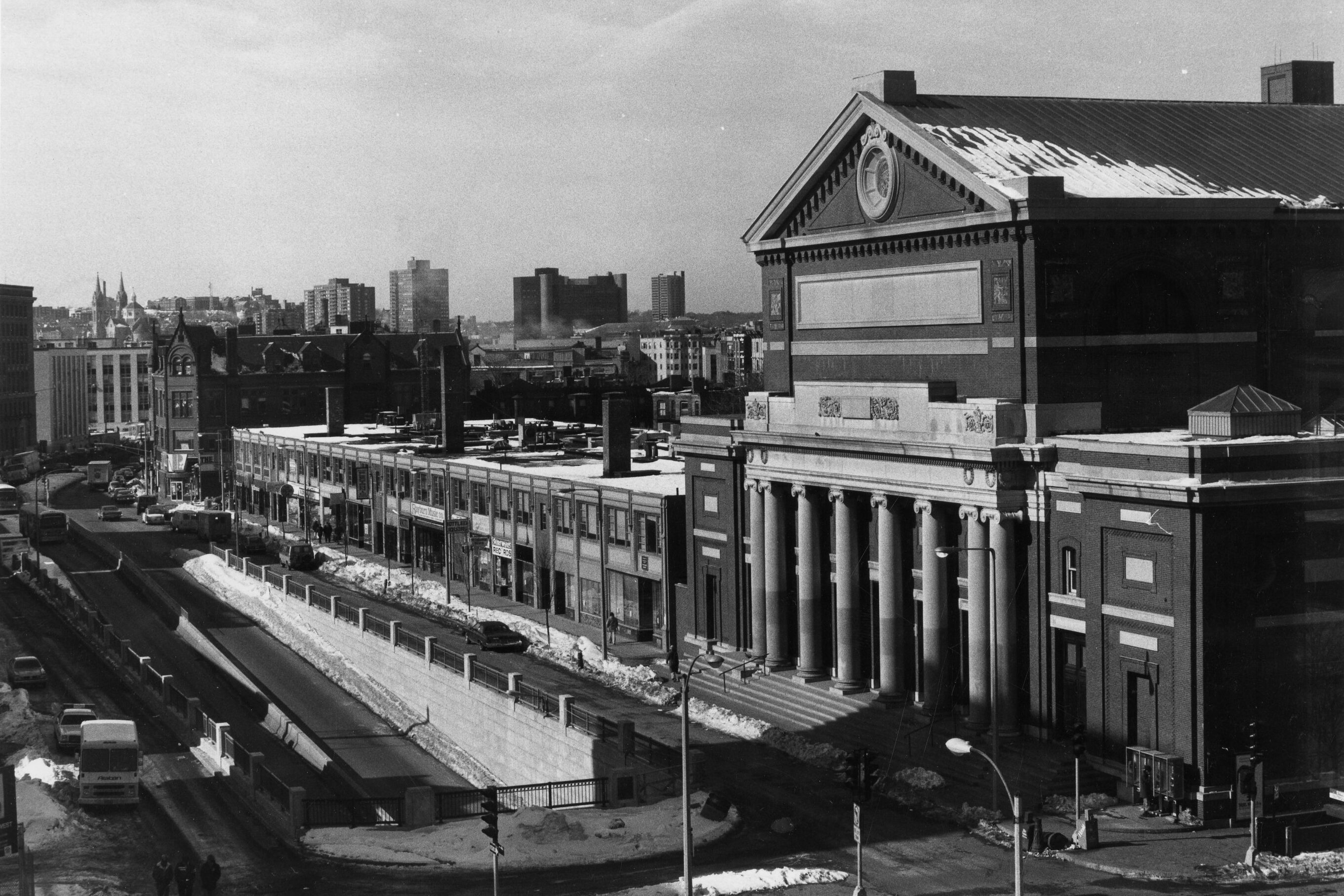 A view of Symphony Hall and the adjacent buildings along Huntington Avenue in March 1978