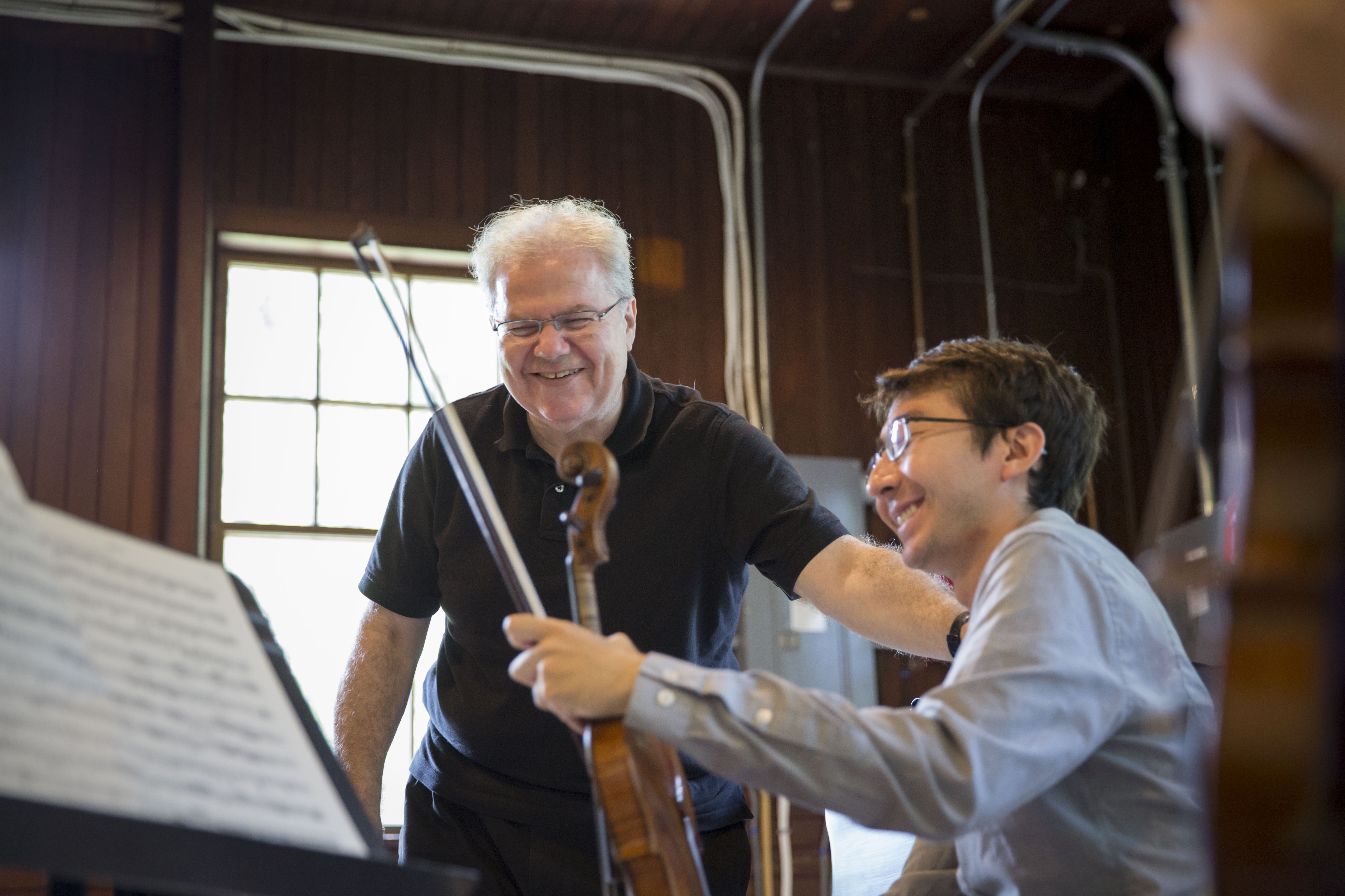 Emanuel Ax coaching a student in a chamber music rehearsal at Tanglewood.