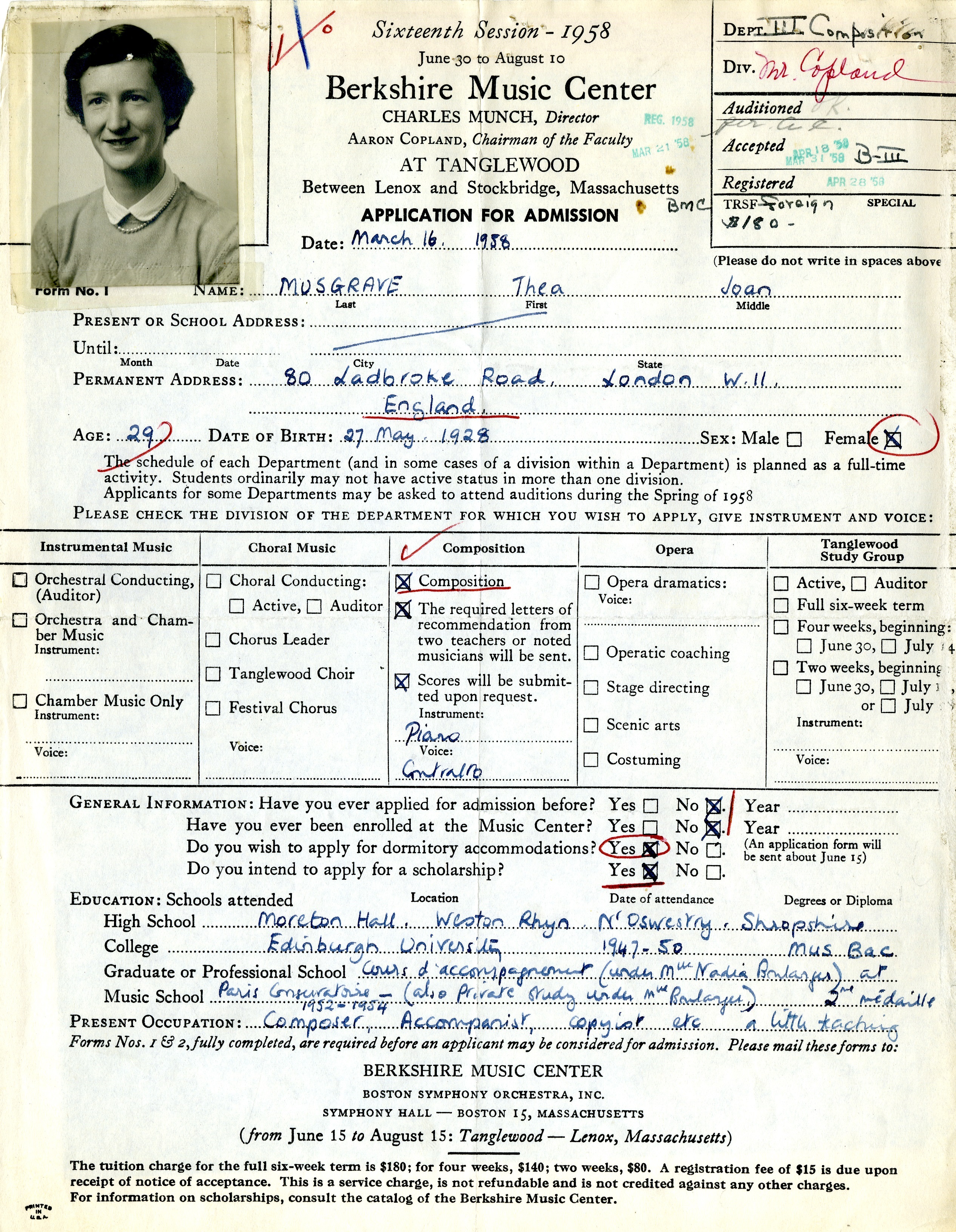 Headshot of a young woman, attached to an application to the Tanglewood Music Center