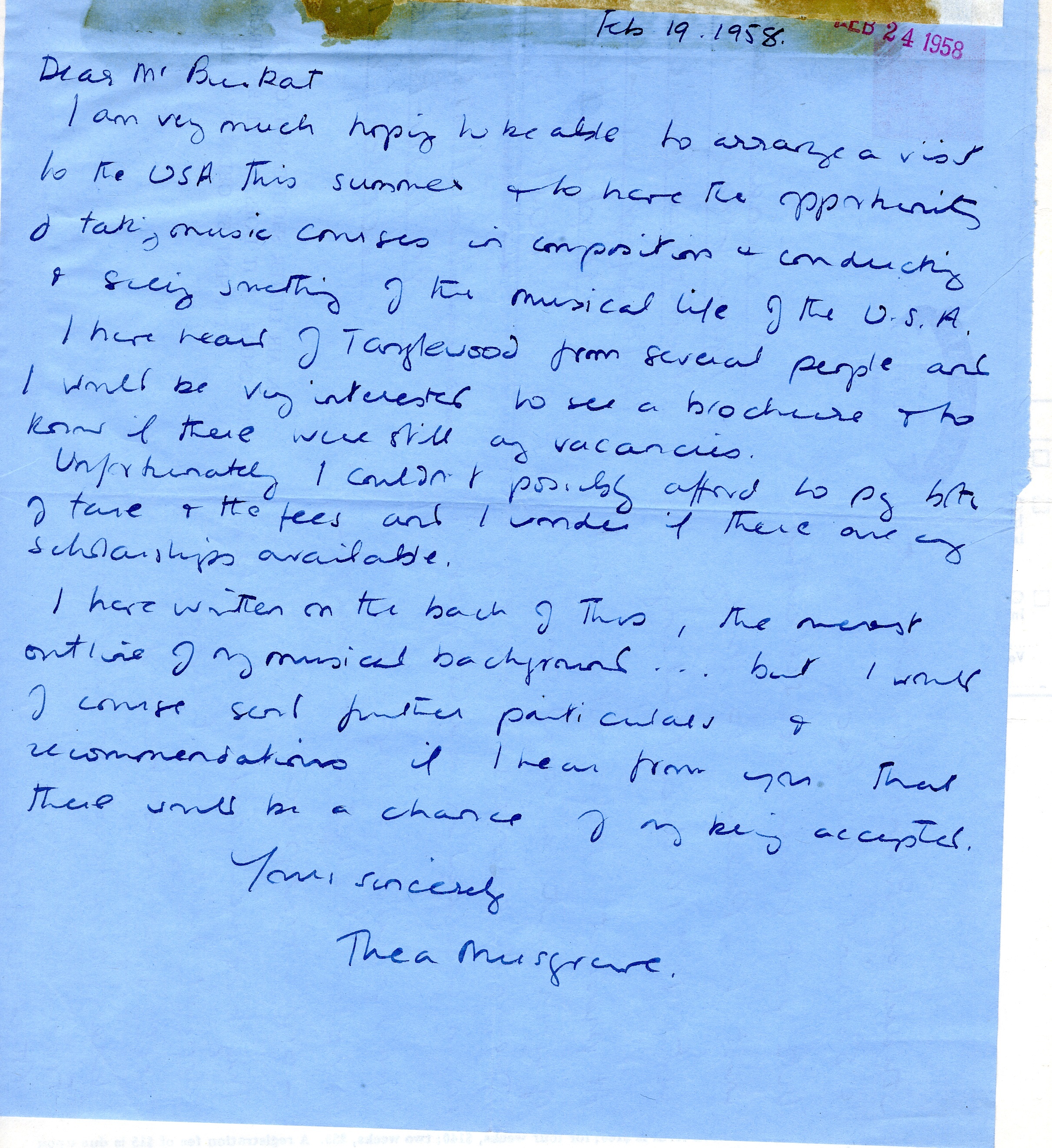 Handwritten letter on pale blue airmail from Thea Musgrave to the Tanglewood Music Center