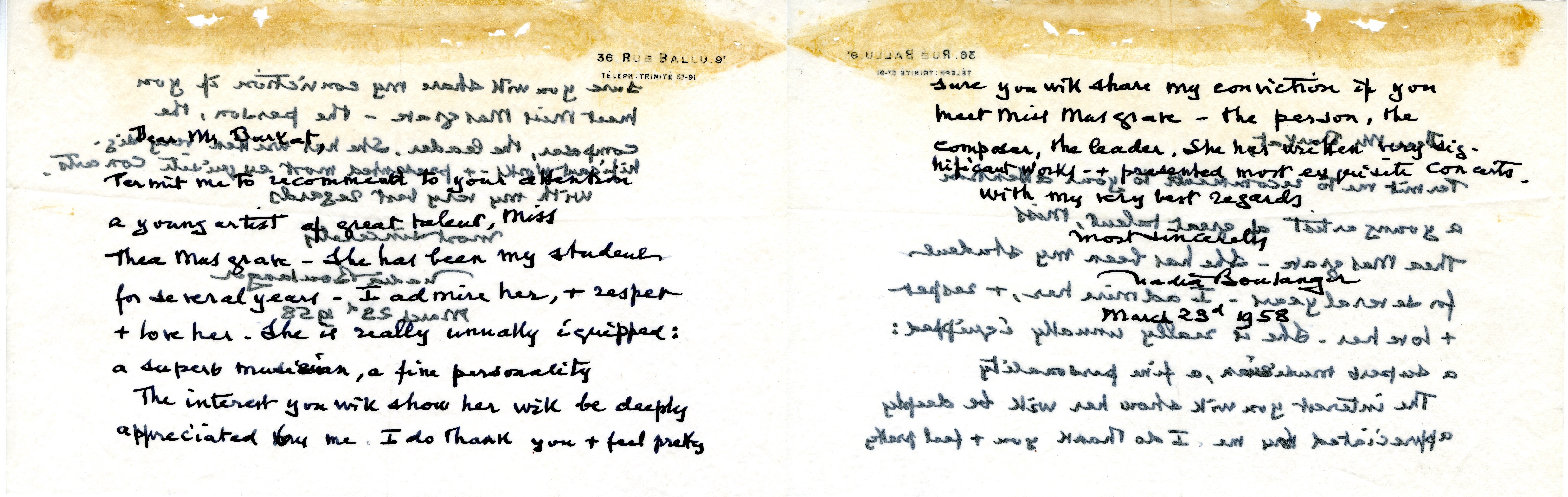 Handwritten letter on thin paper that bleeds from composer Nadia Boulanger recommending Thea Musgrave to the Tanglewood Music Center