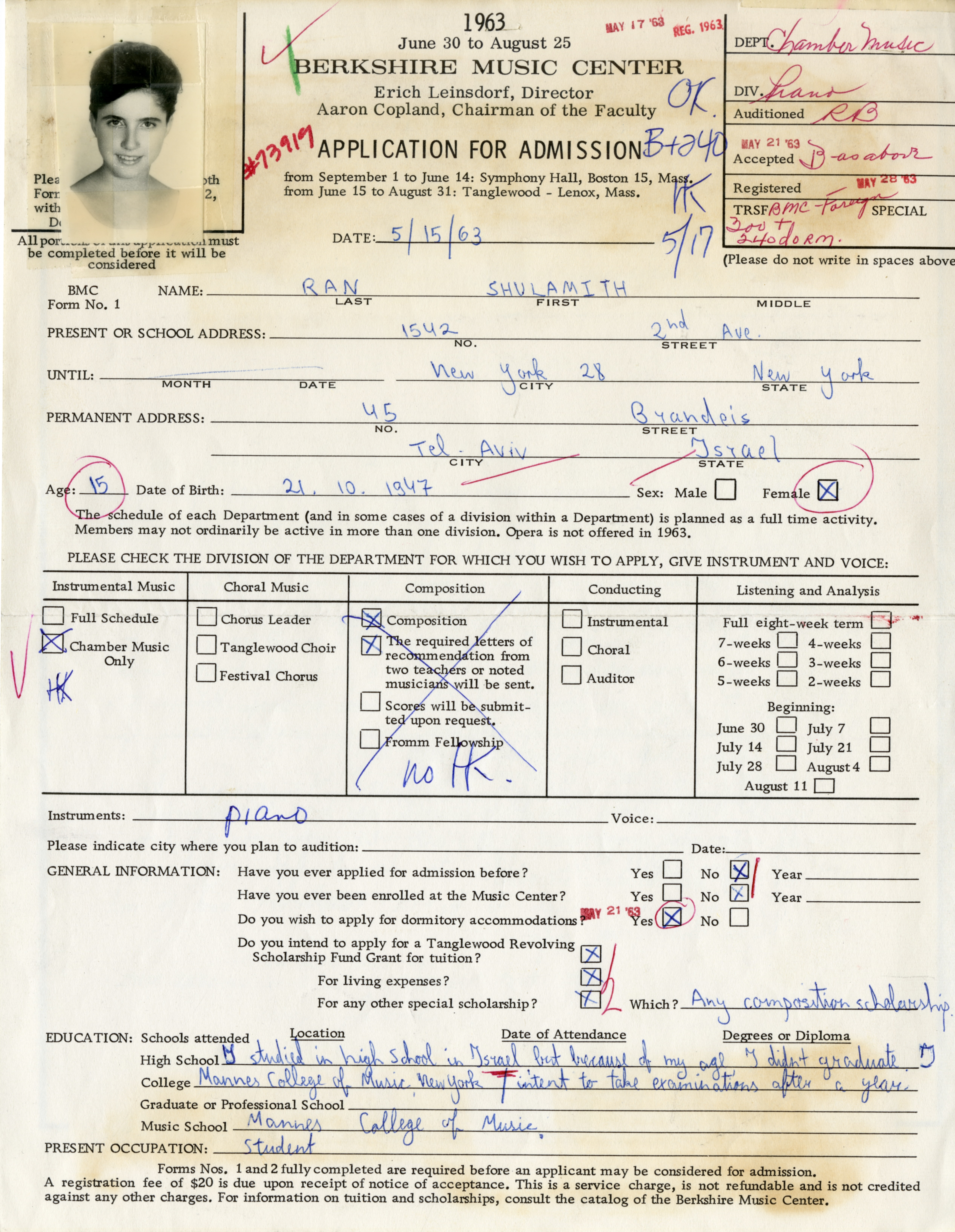 Headshot and first page of Shulamit Ran's application to the Tanglewood Music Center