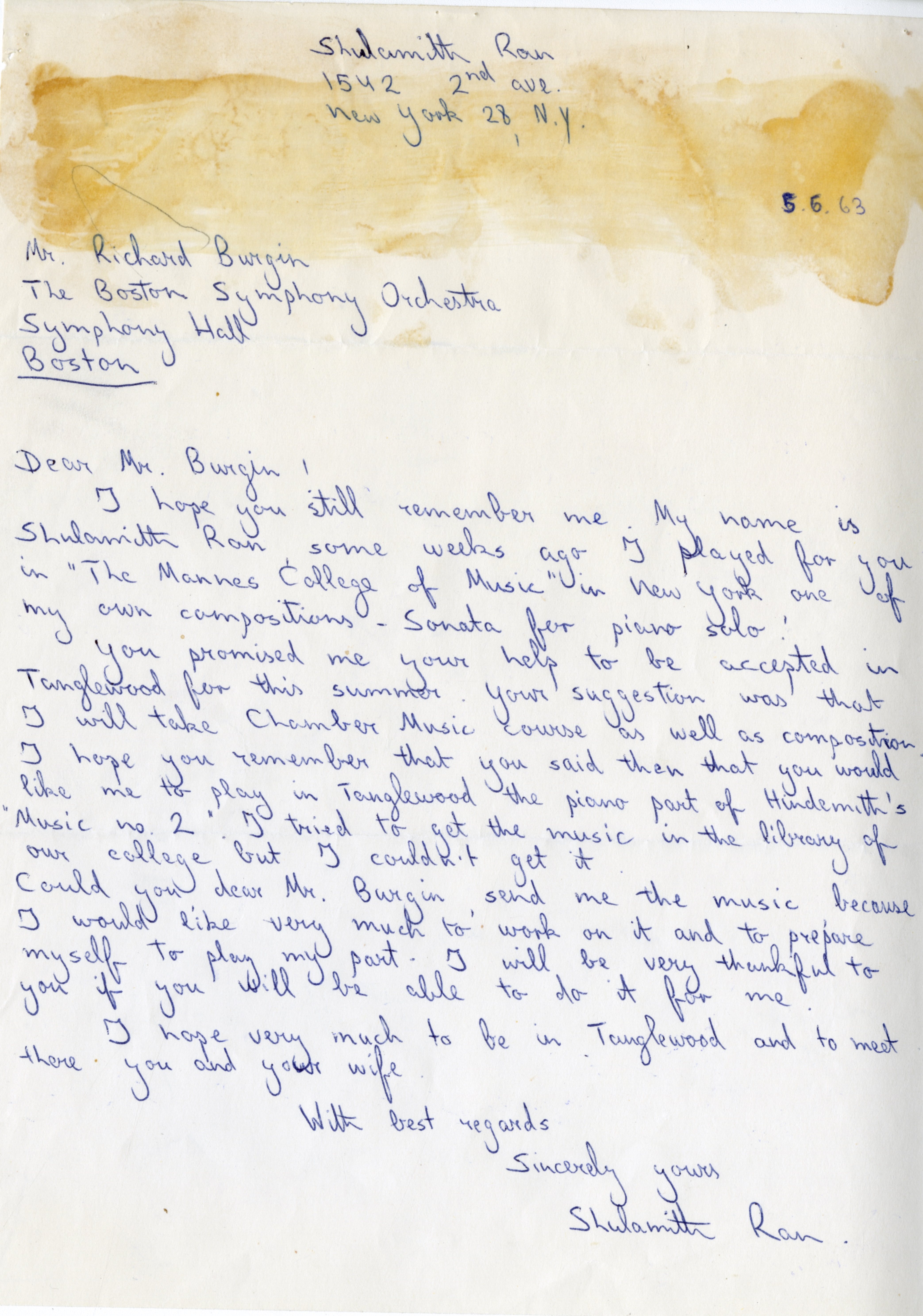 Handwritten letter to Tanglewood Music Center requesting a copy of music by Hindemith