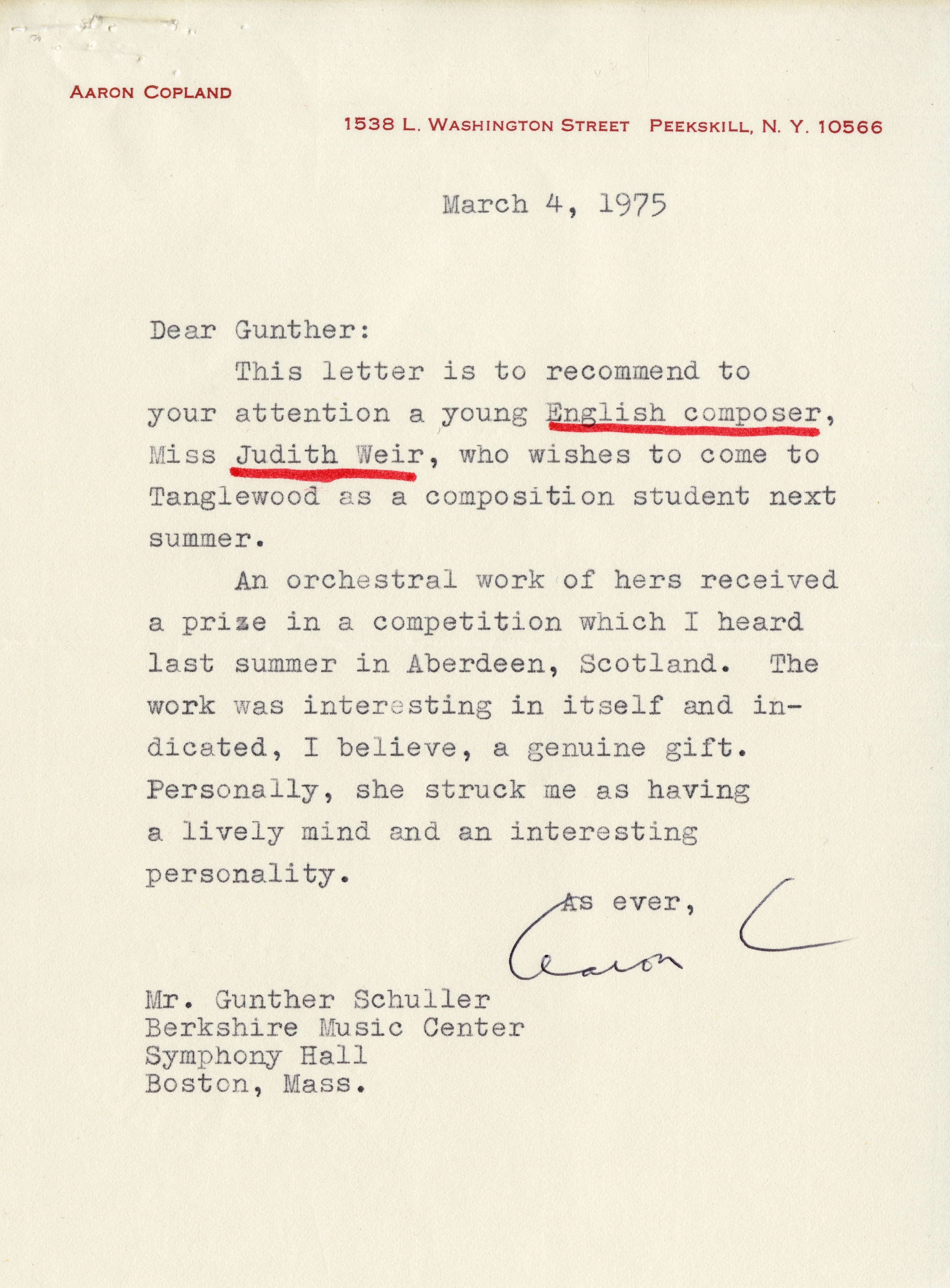 Typed letter from composer Aaron Copland recommending Judith Weir for the Tanglewood Music Center 1975 session