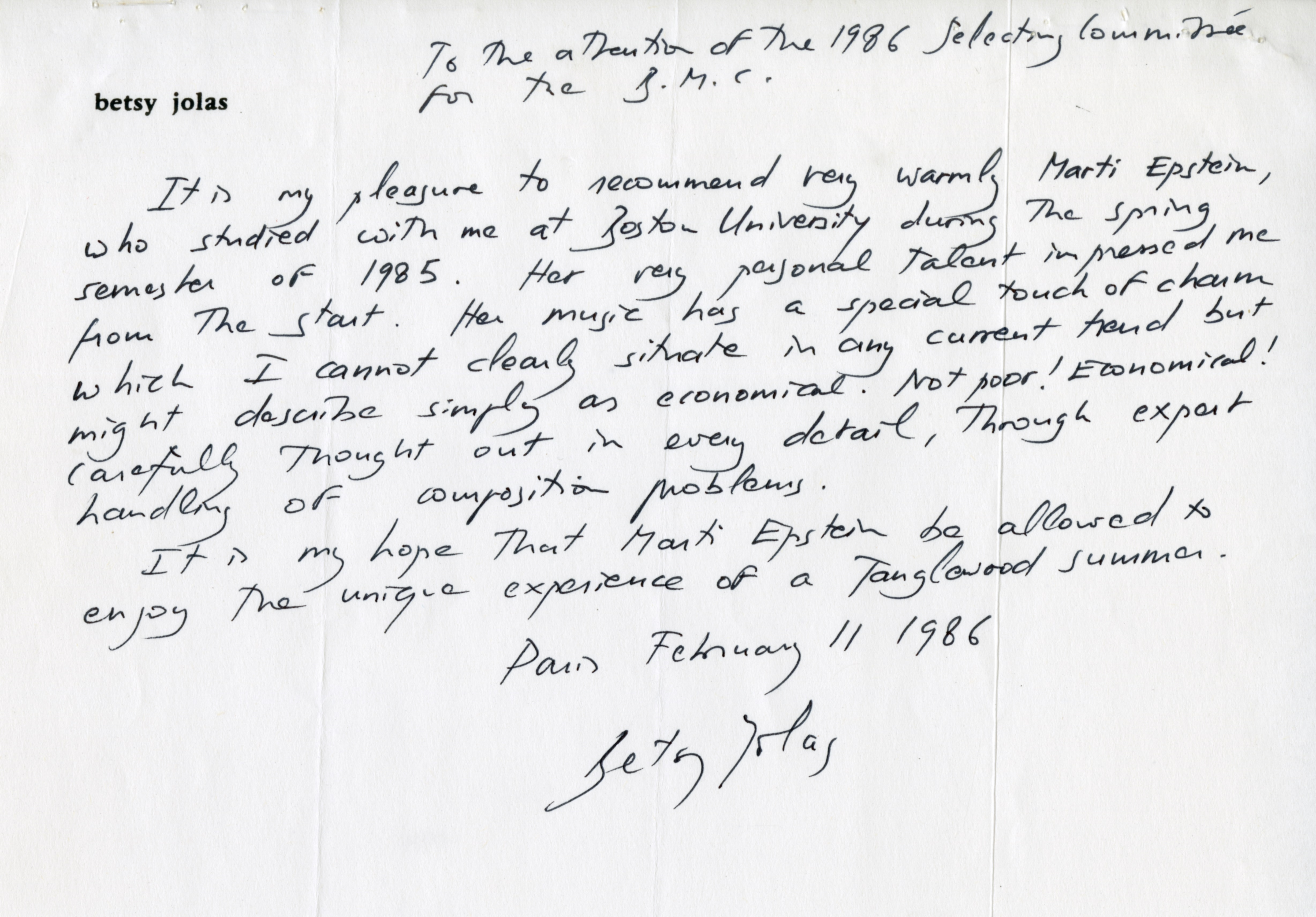 Handwritten letter from composer Betsy Jolas recommending Marti Epstein to the Tanglewood Music Center's 1986 session