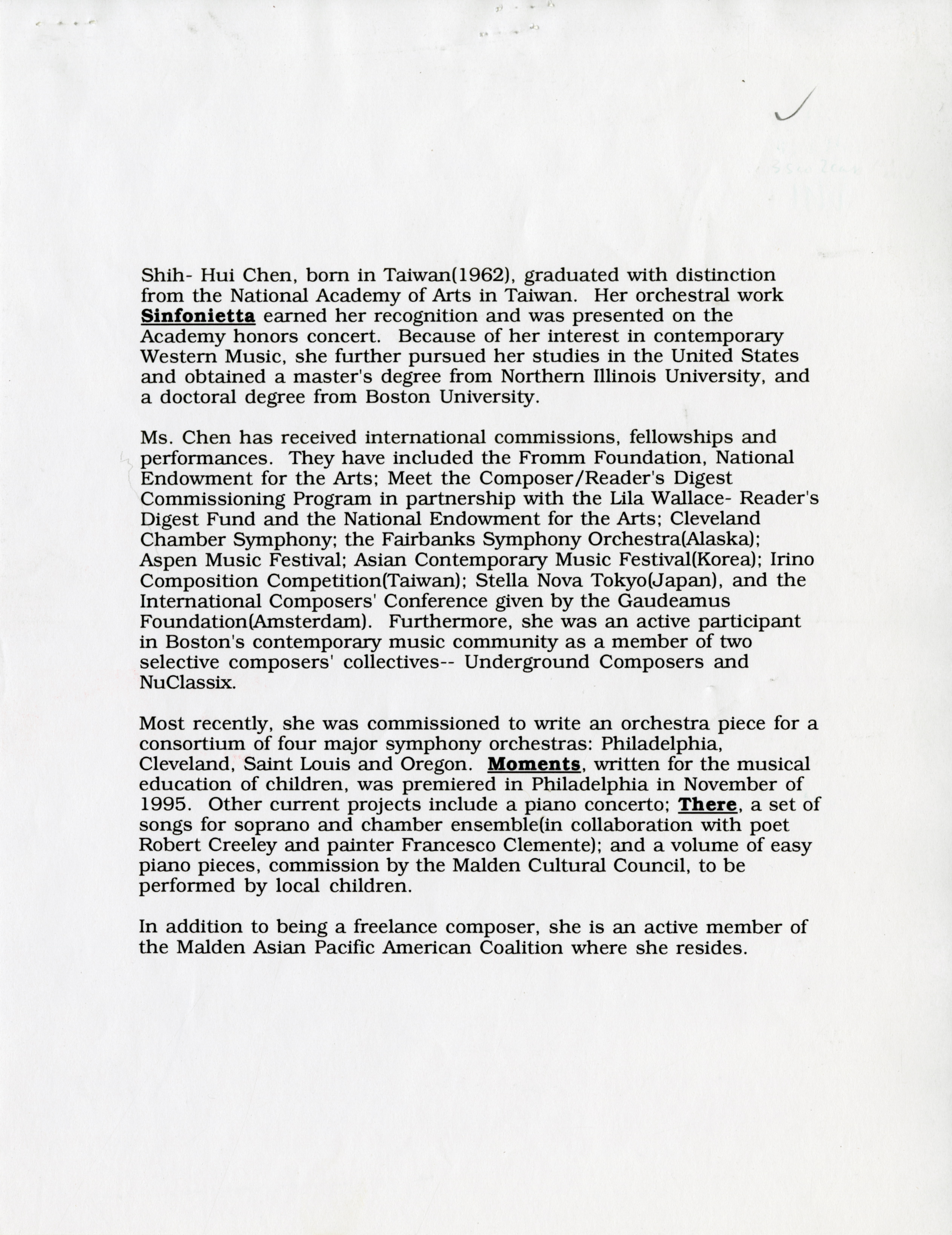 Typewritten biography of Shih-Hui Chen