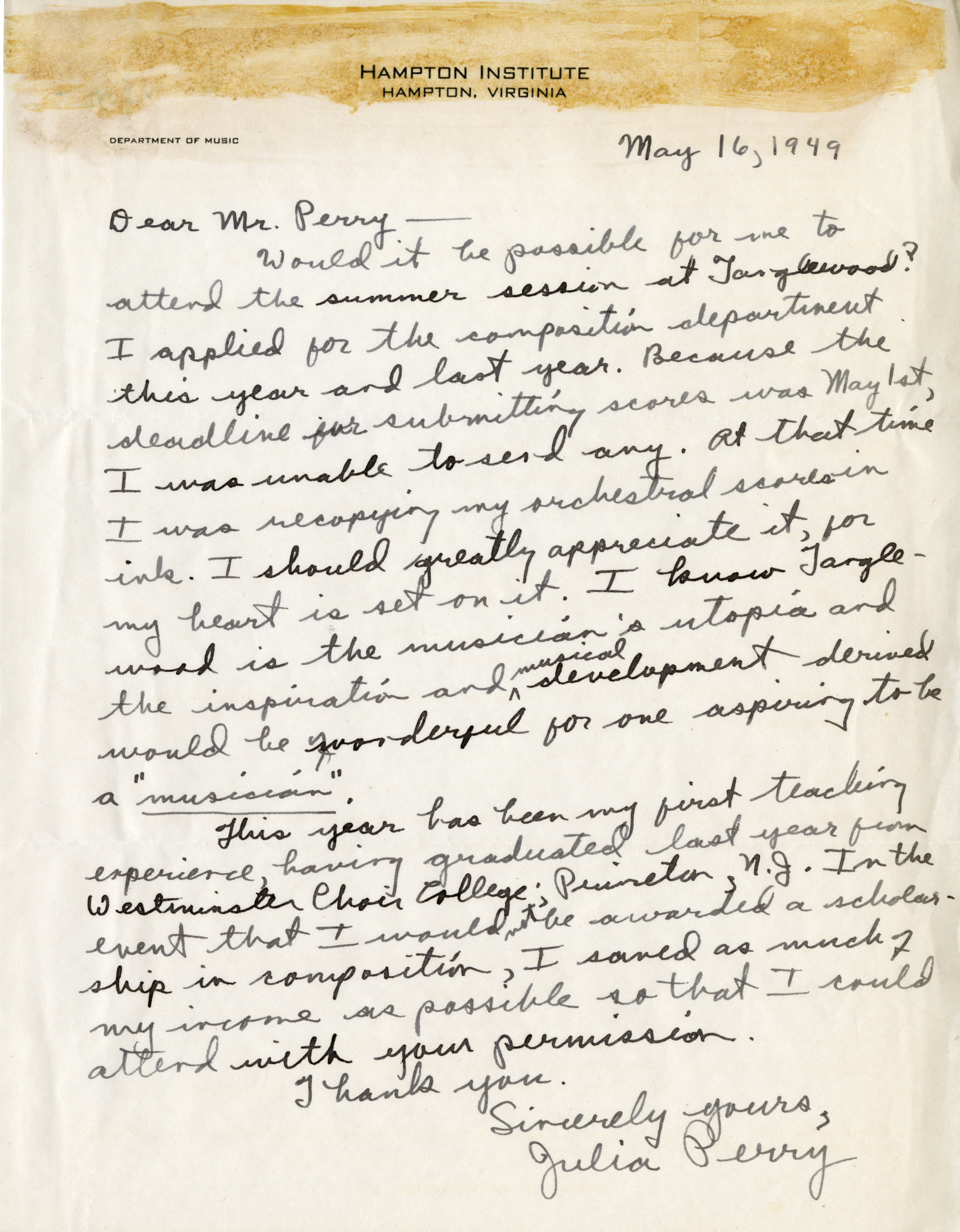 Handwritten letter from Julia Perry to the Tanglewood Music Center