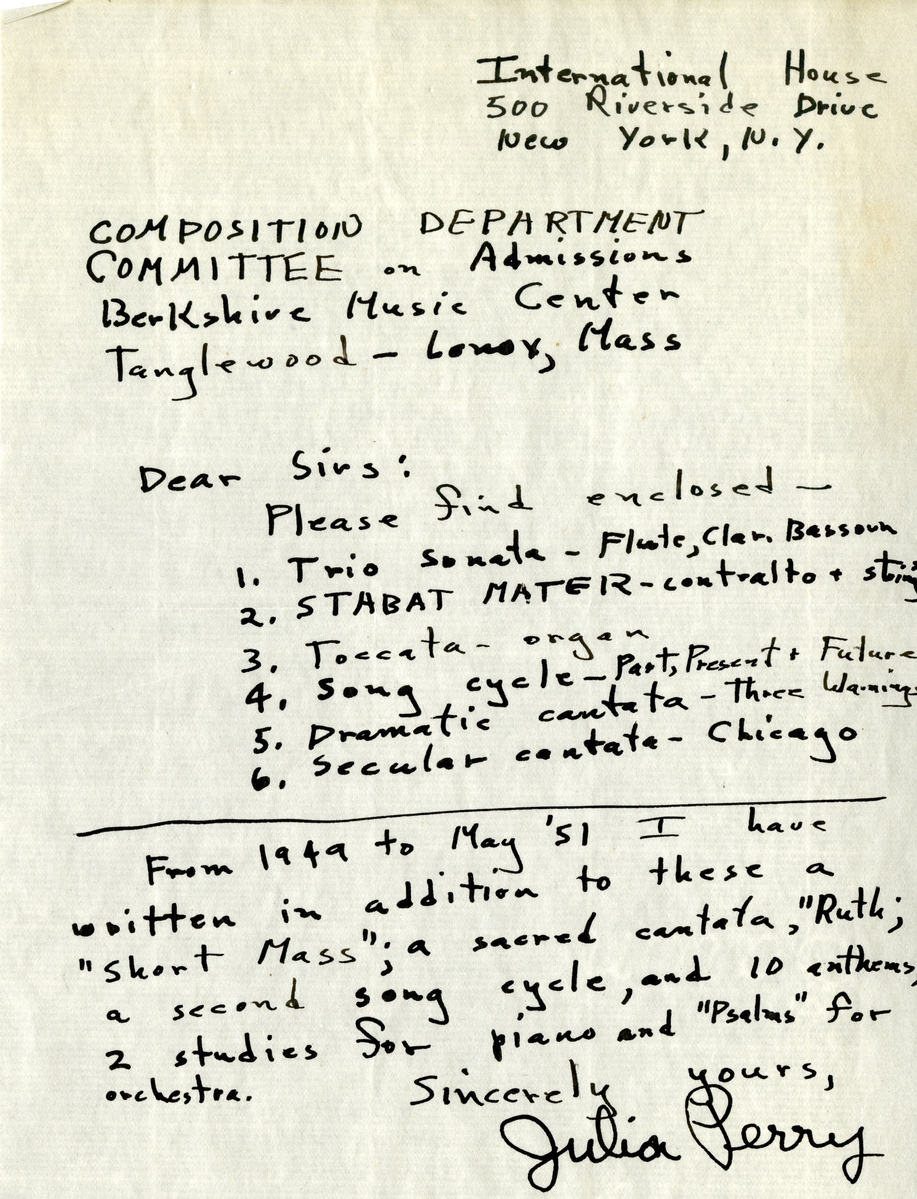 Handwritten letter describing scores submitted as part of Julia Perry's application to the Tanglewood Music Center