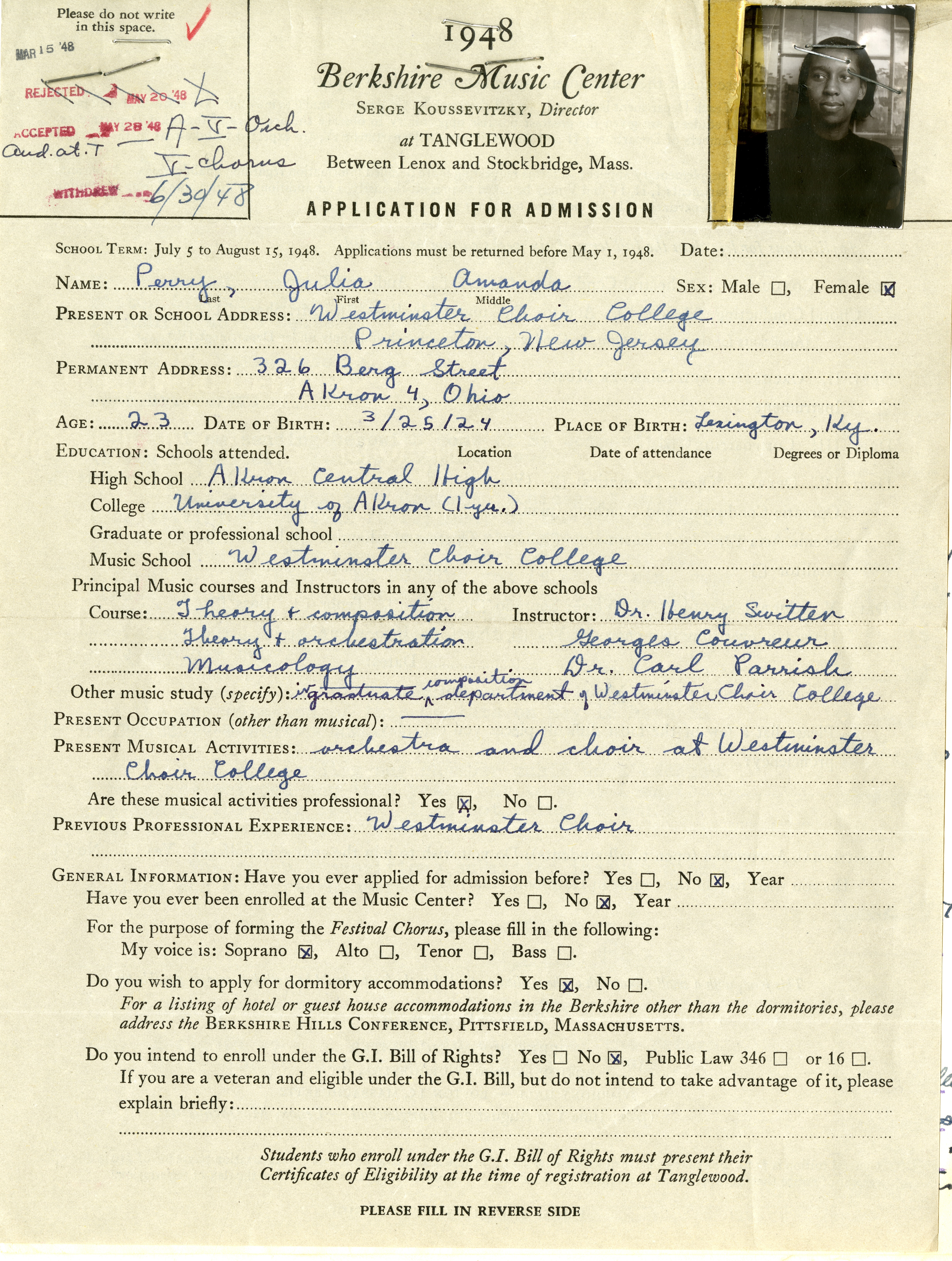 A black and white headshot of a young women attached to a dated-looking application for admission to the Tanglewood Music Center