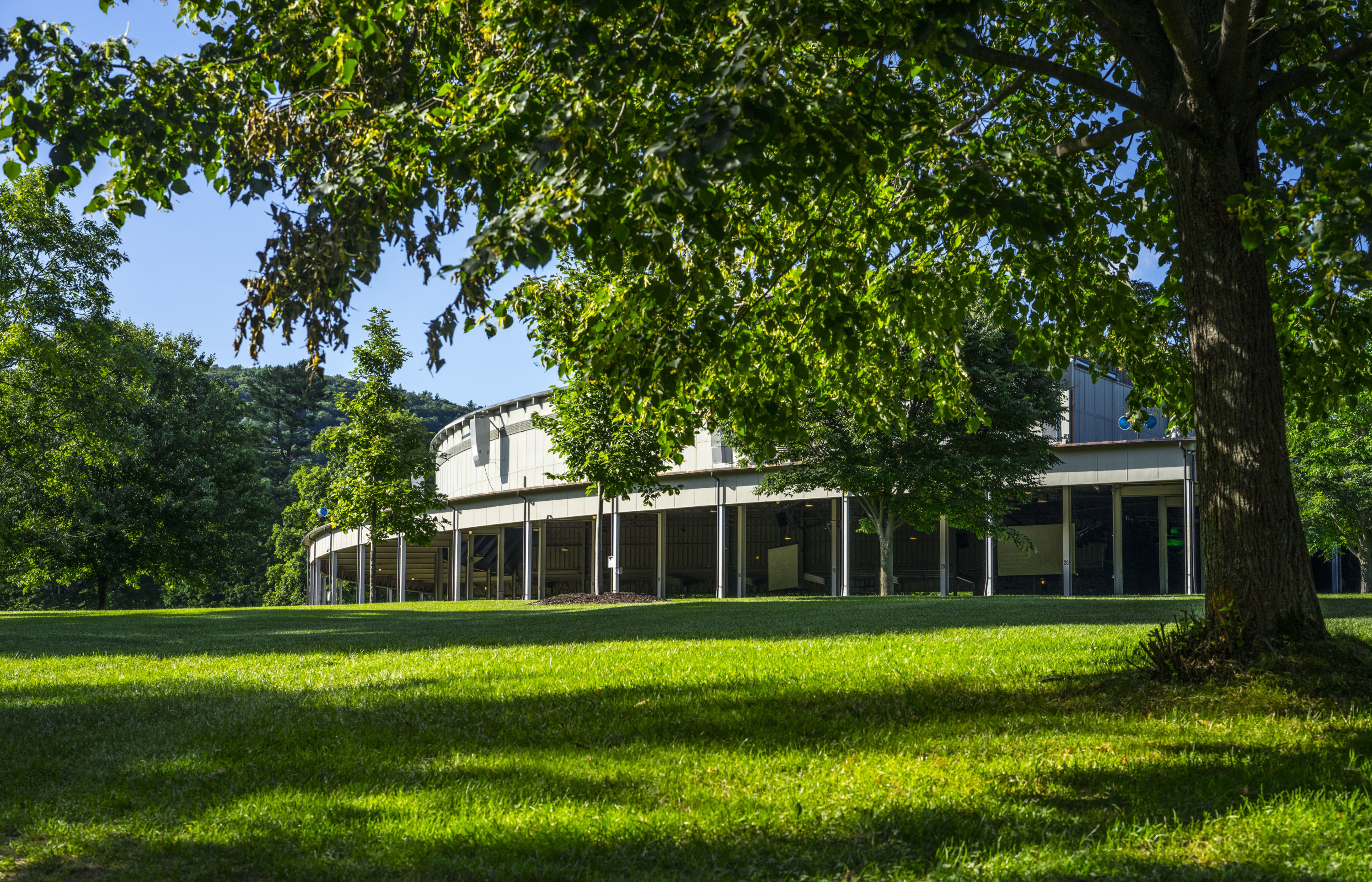 Exterior of the Koussevitzky Music Shed with Tanglewood lawn