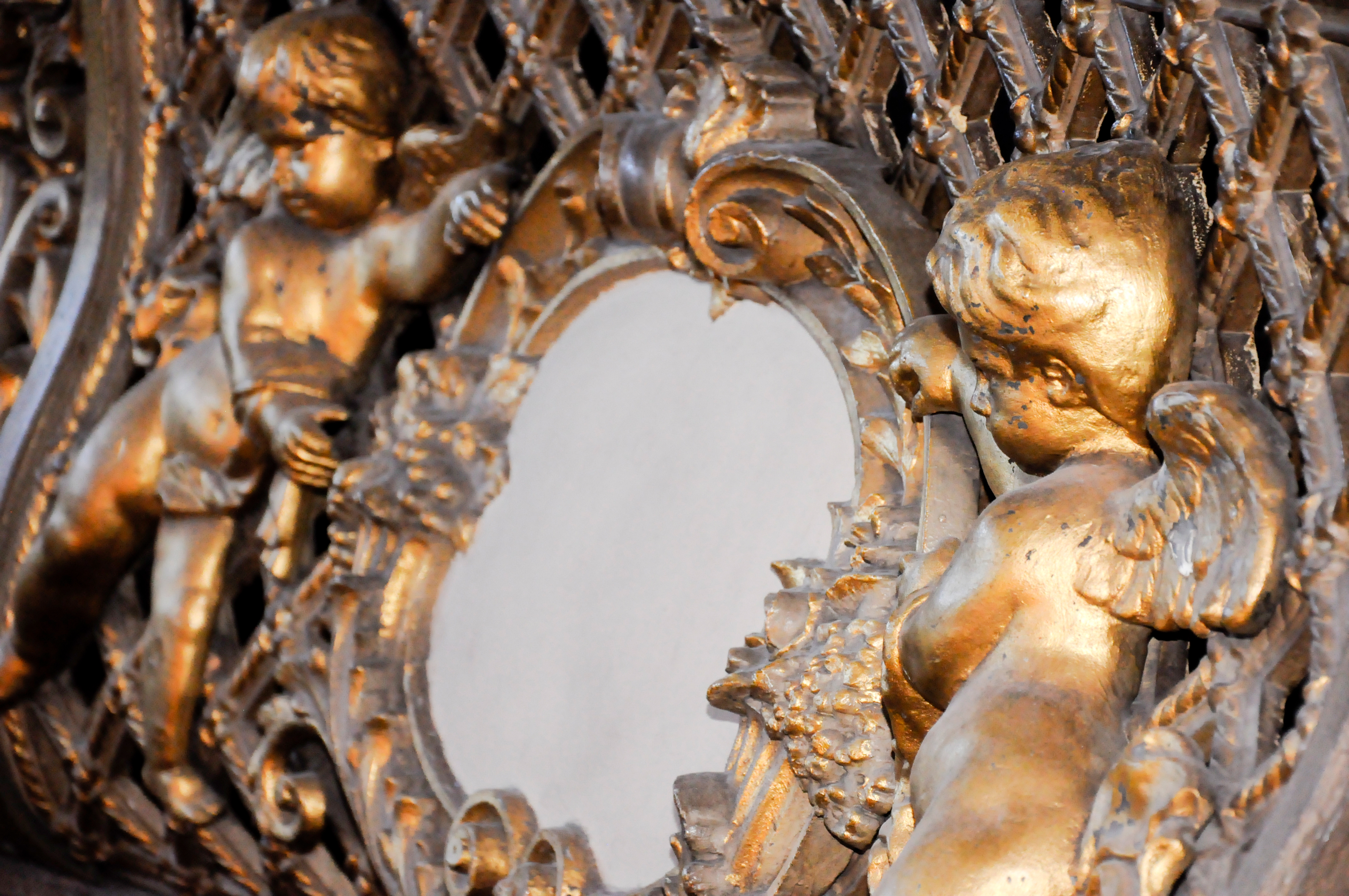 Very close up view of cherub detail on Symphony Hall balcony, viewed from right side