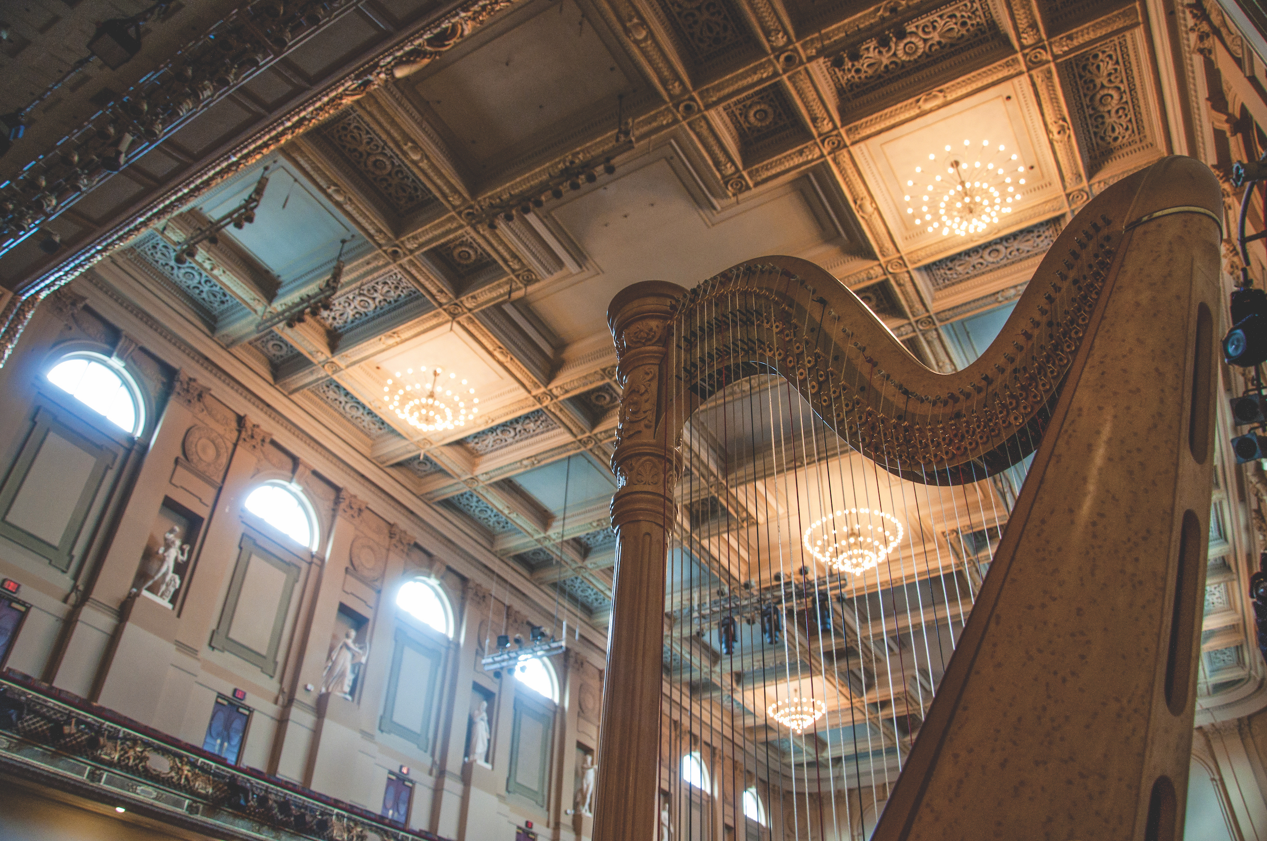 Symphony Hall Ceiling with Harp in the foreground