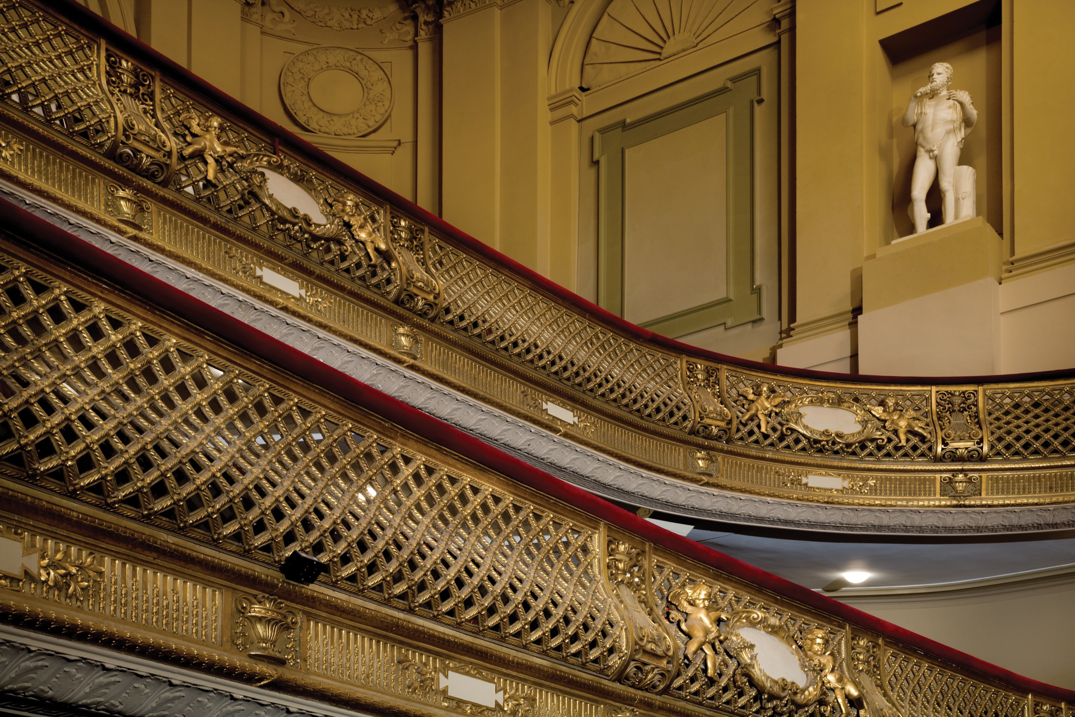 A close up view of the two balconies in Symphony Hall