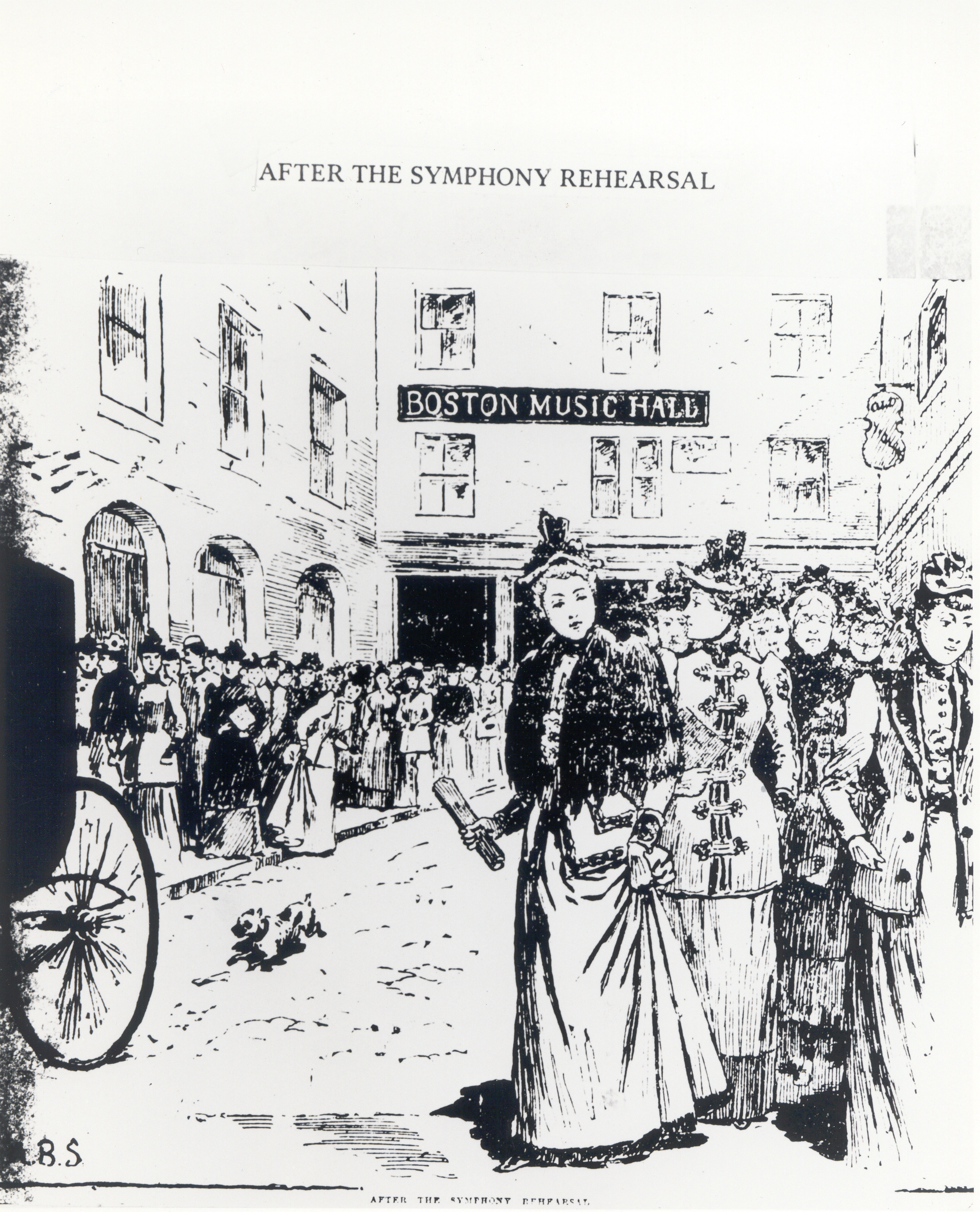 A sketch of women in dresses, wraps and hats in an alley with Boston Music Hall on a sign behind them