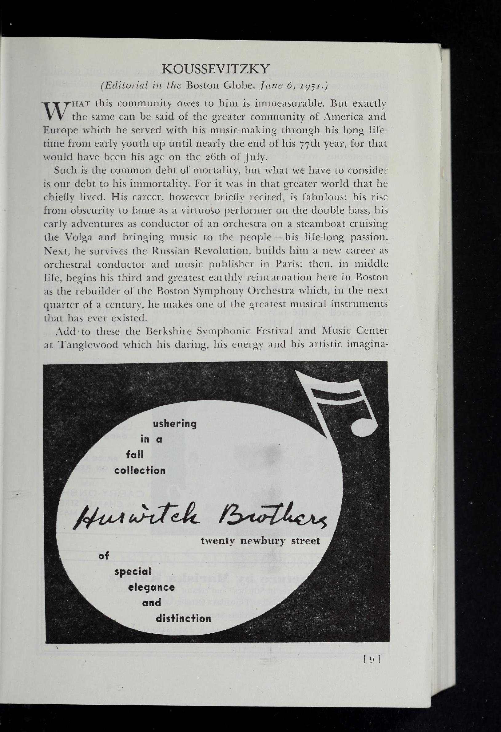 Page from the first program book of the 1951-1952 season commemorating Koussevitzky's legacy