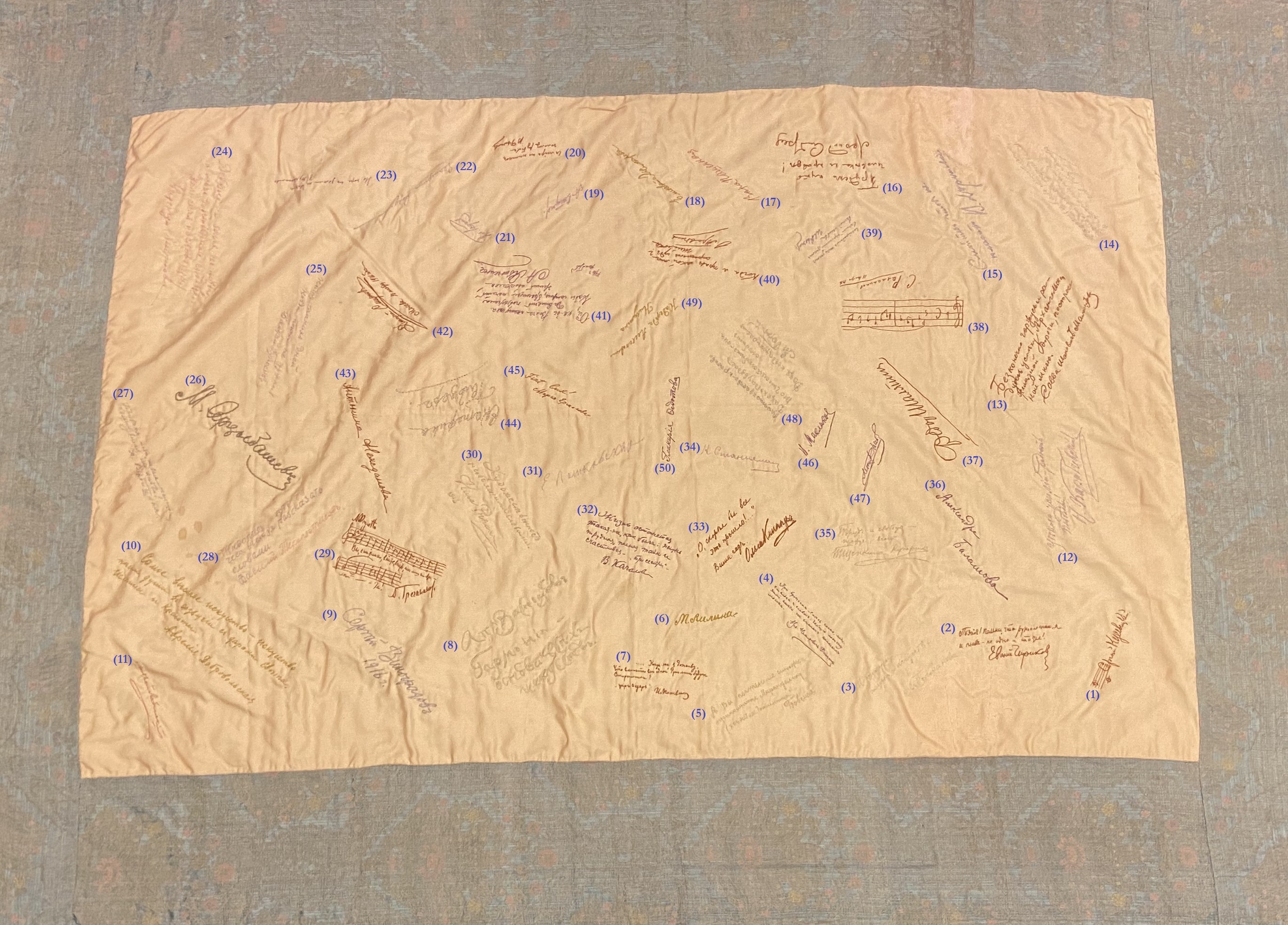 Quilt with embroidered signatures, with numbers next to each signature